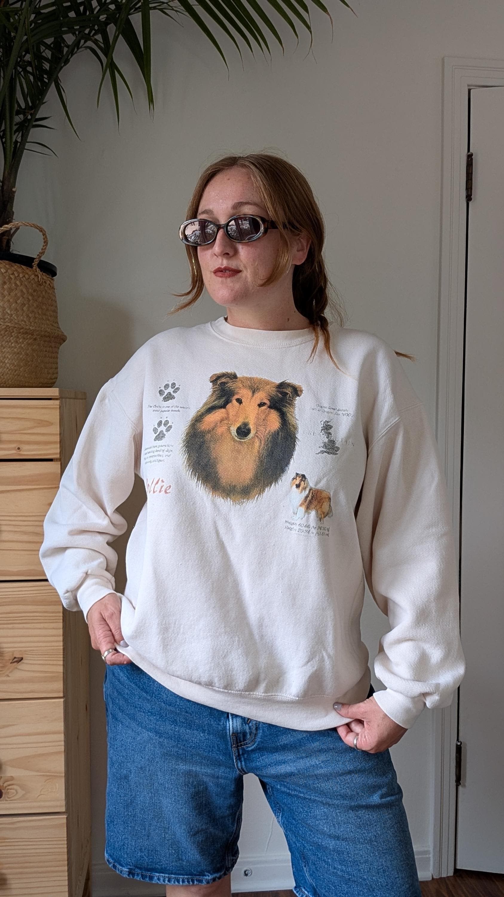 Vintage Vintage 90s Cream Collie Dog Beige Pullover Sweater Size L / US 10 / IT 46 - 2 Thumbnail