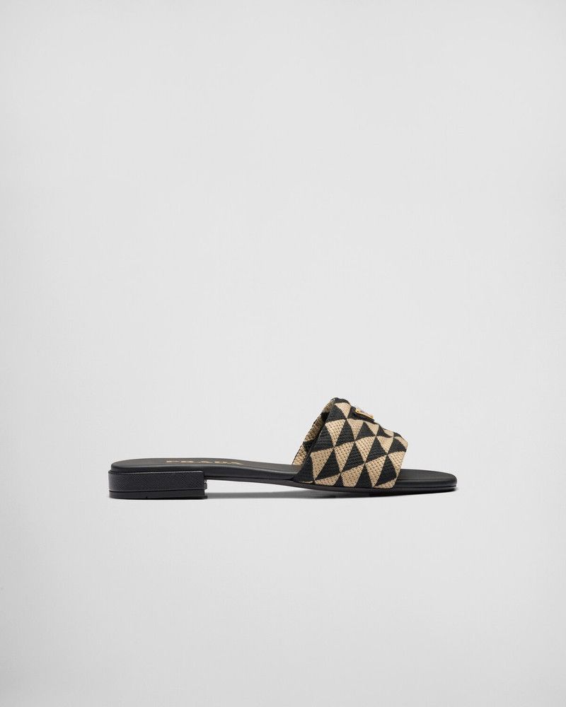 Prada o1B3y1r0526 Embroidered Fabric Slides in Black/Beige Size US 8 / IT 38 - 1 Thumbnail
