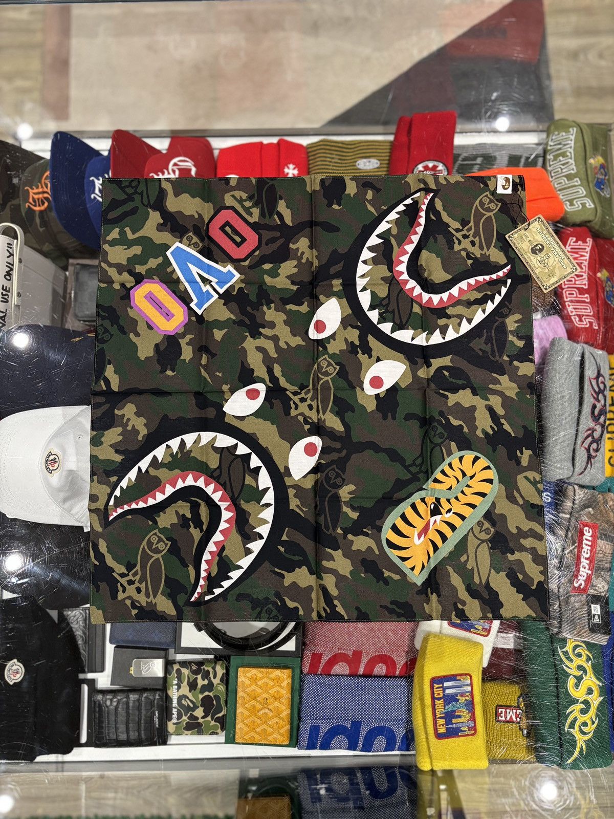Bape × October's Very Own BAPE x OVO Woodland Camo Shark Bandana Green Size ONE SIZE - 1 Thumbnail