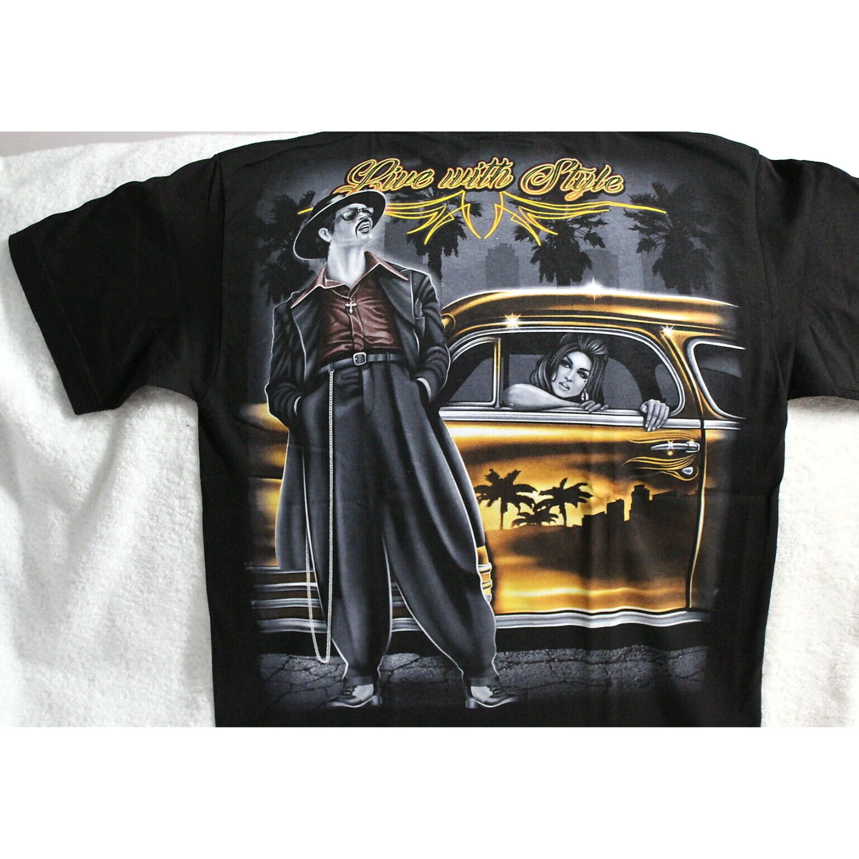 Vintage ALSTYLE Mens Graphic Tee Black Short Sleeve T-Shirt Live With Style Gangster Car City Size US M / EU 48-50 / 2 - 2 Thumbnail