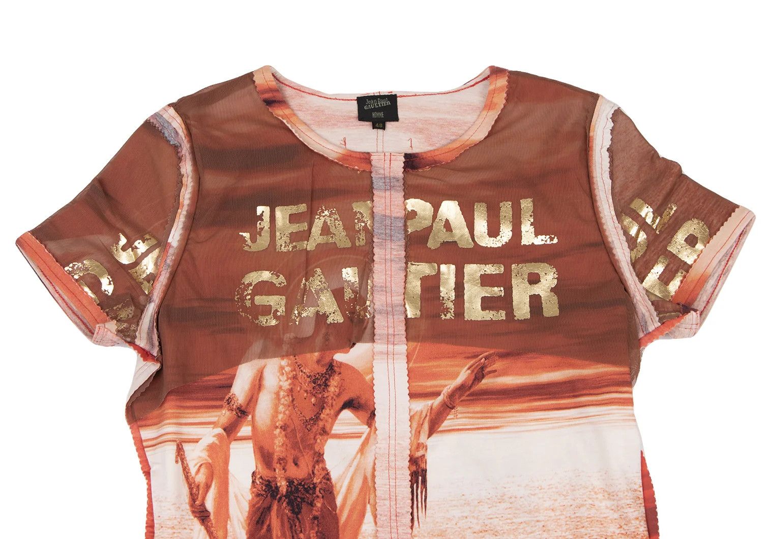 Jean Paul Gaultier Shoulder Pad Pinked Cut T-Shirt in Orange and White Size US M / EU 48-50 / 2 - 2 Thumbnail