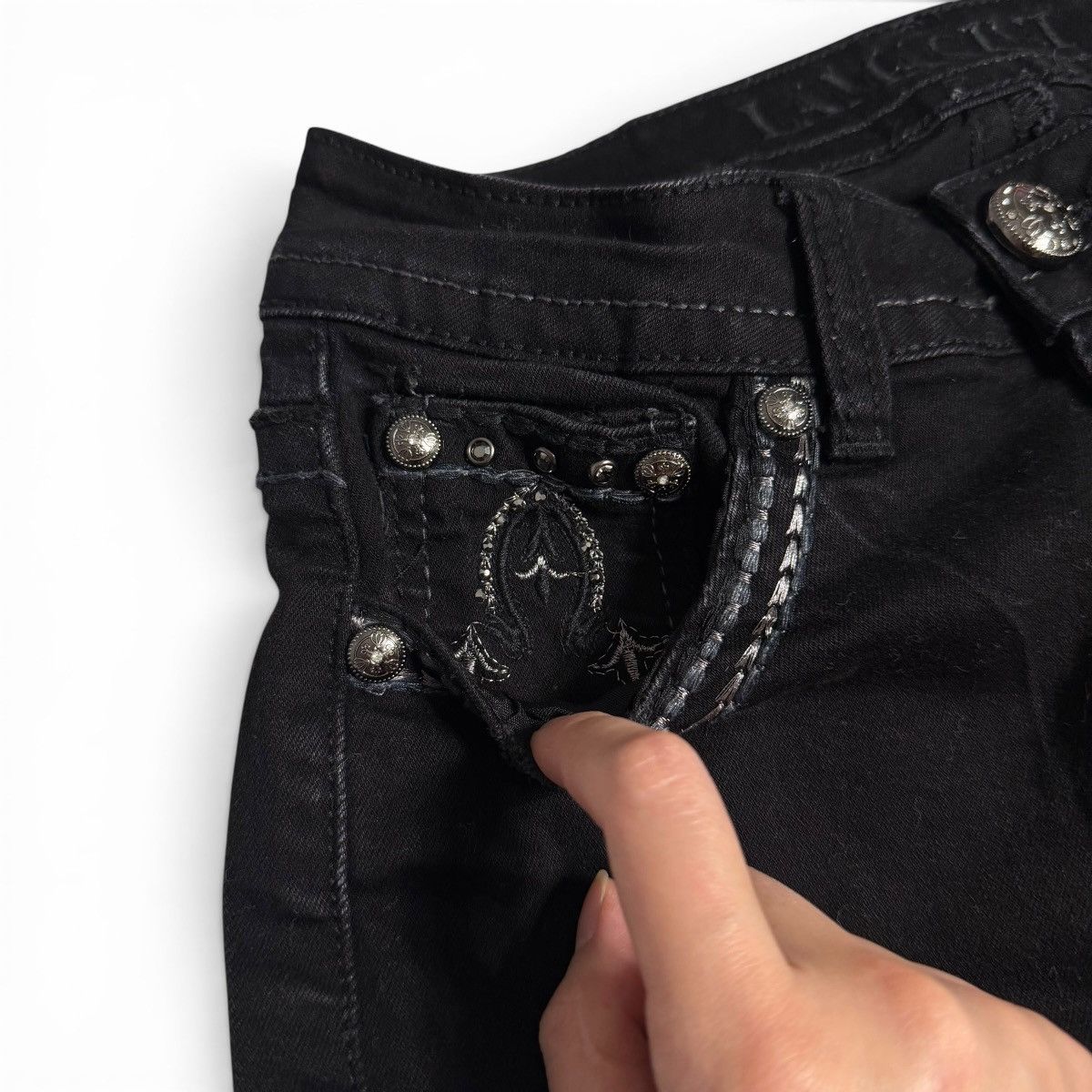 Other Western Grunge Black Mid Rise Bootcut Rhinestone Denim Jeans Size 25" / US 0 / IT 36 - 8 Thumbnail