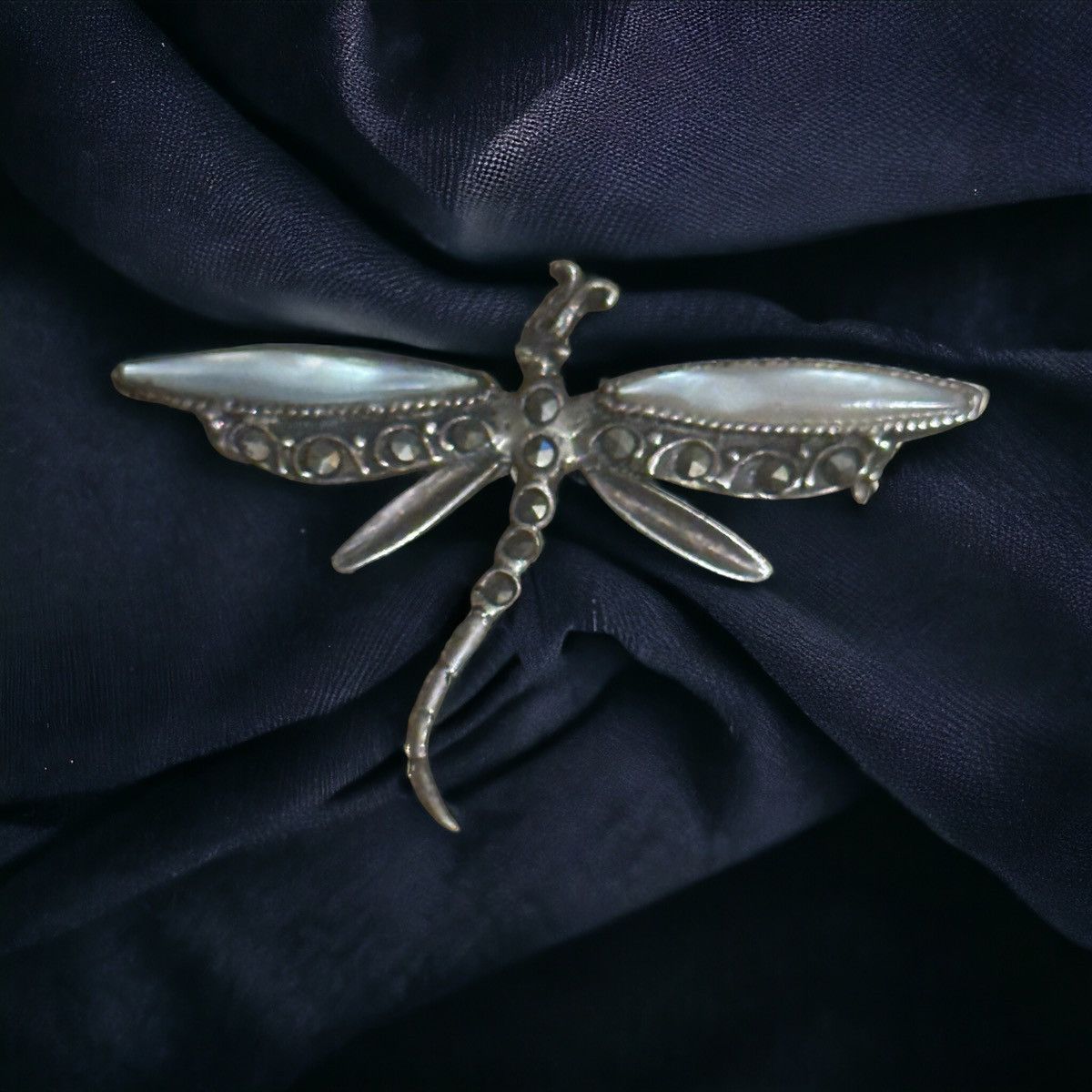 Vintage 925 silver mother of pearl marcasite dragonfly brooch Size ONE SIZE - 1 Thumbnail