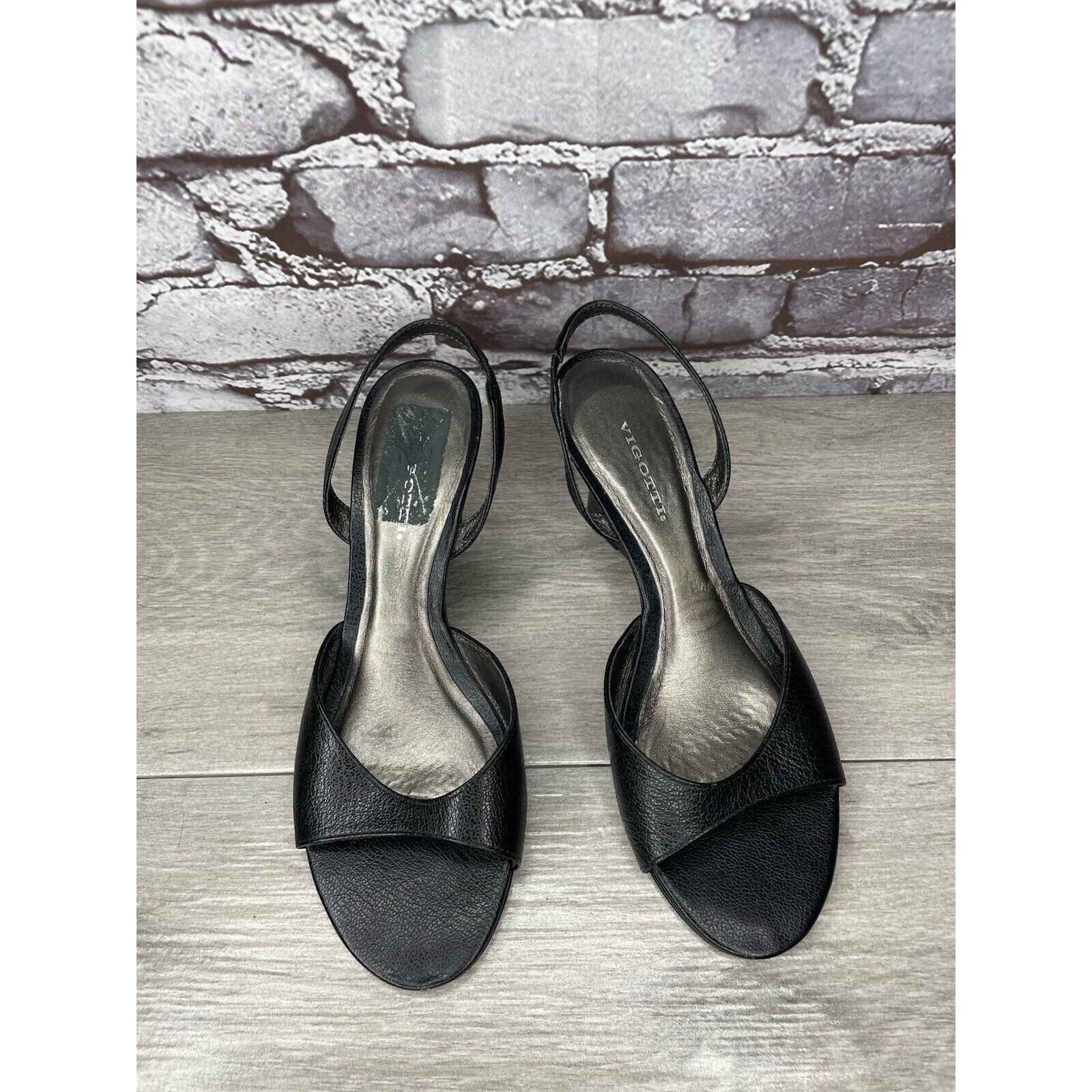 Other Vigotti Black Leather Open Toe Slingback High Wedge Sandals Size US 7 / IT 37 - 2 Thumbnail