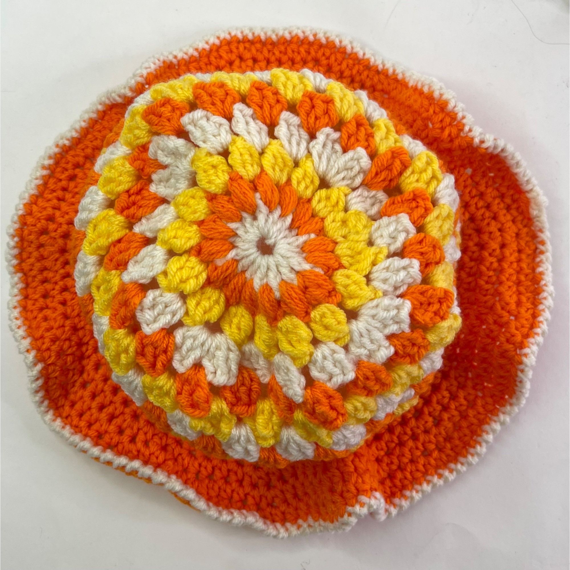 Handmade Crochet Bucket Hat Granny Square Pattern Orange Yellow White Size ONE SIZE - 5 Thumbnail