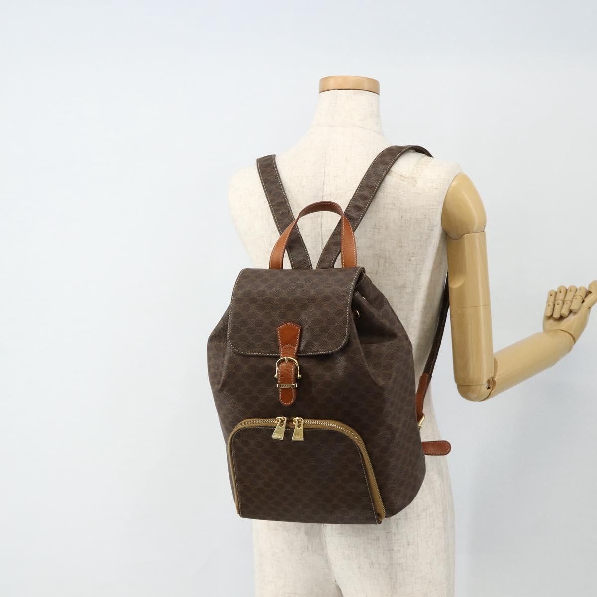 CELINE Macadam Canvas Backpack PVC Leather Brown Gold Auth display picture 3