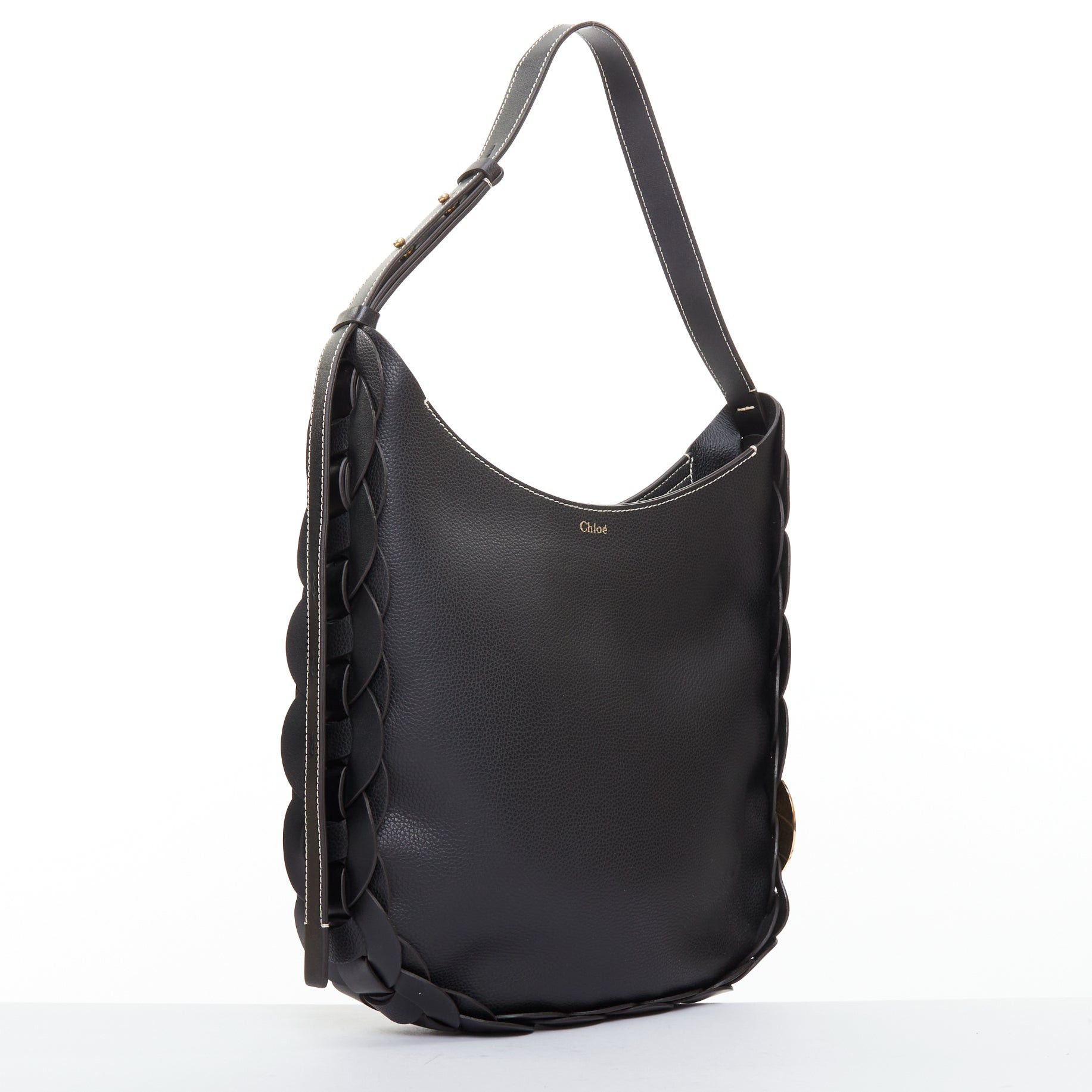 CHLOE Darryl Hobo black pebbled leather braided side shoulder bag