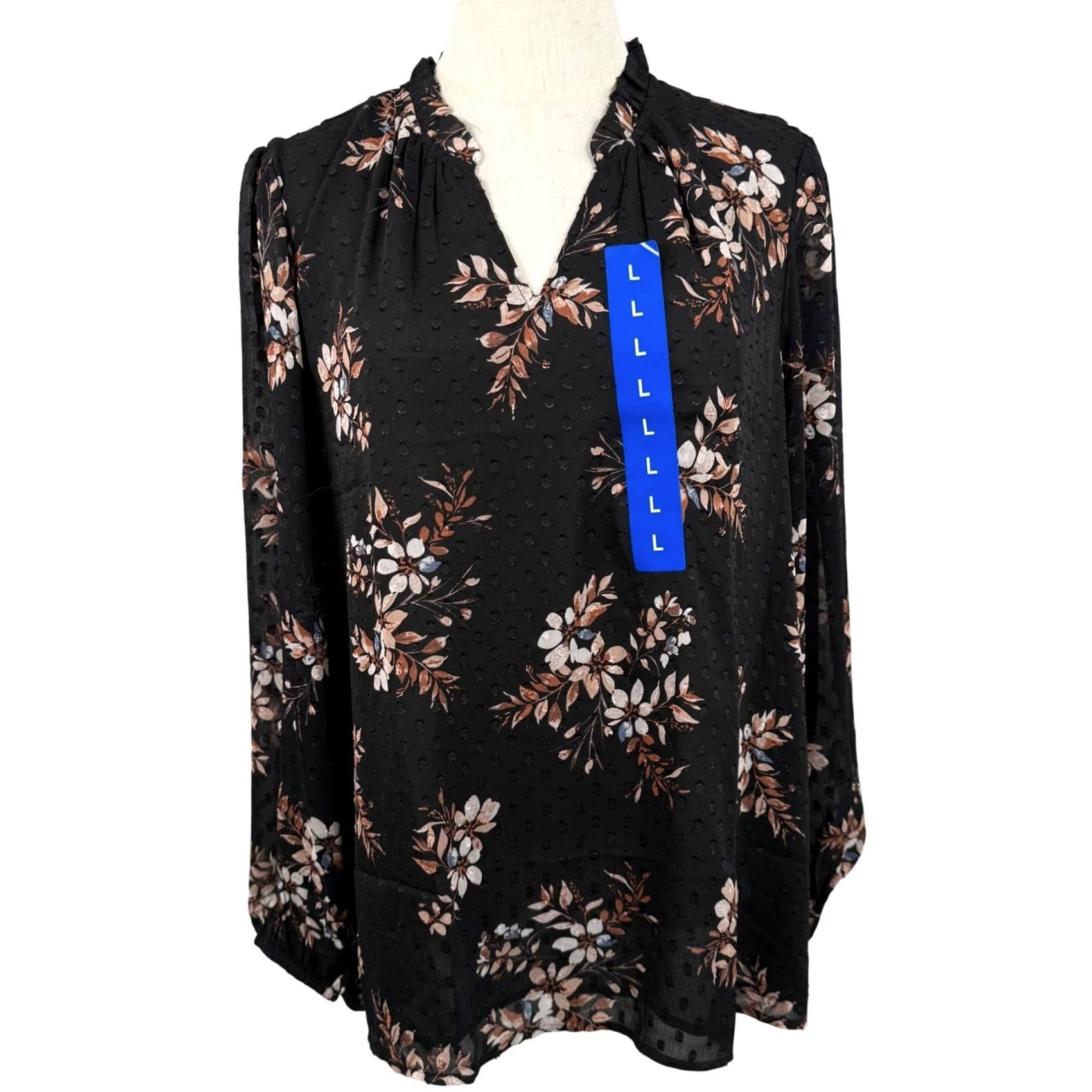 Vintage Hilary Radley L Blouse Black Floral Clip Dot Ruffle V-Neck Long Sleeve Sheer NWT Bohemian Fall/Sping Tunic Women Size L / US 10 / IT 46 - 2 Thumbnail
