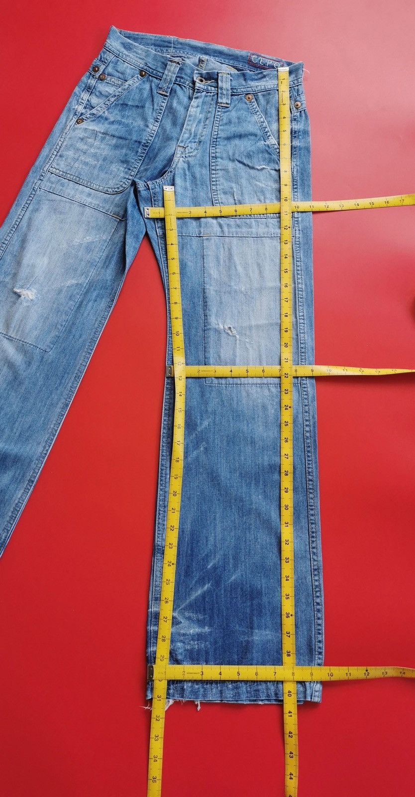 Japanese Brand Cepo Wide Flared Double Knee Distressed Jeans Size US 28 / EU 44 - 13 Thumbnail