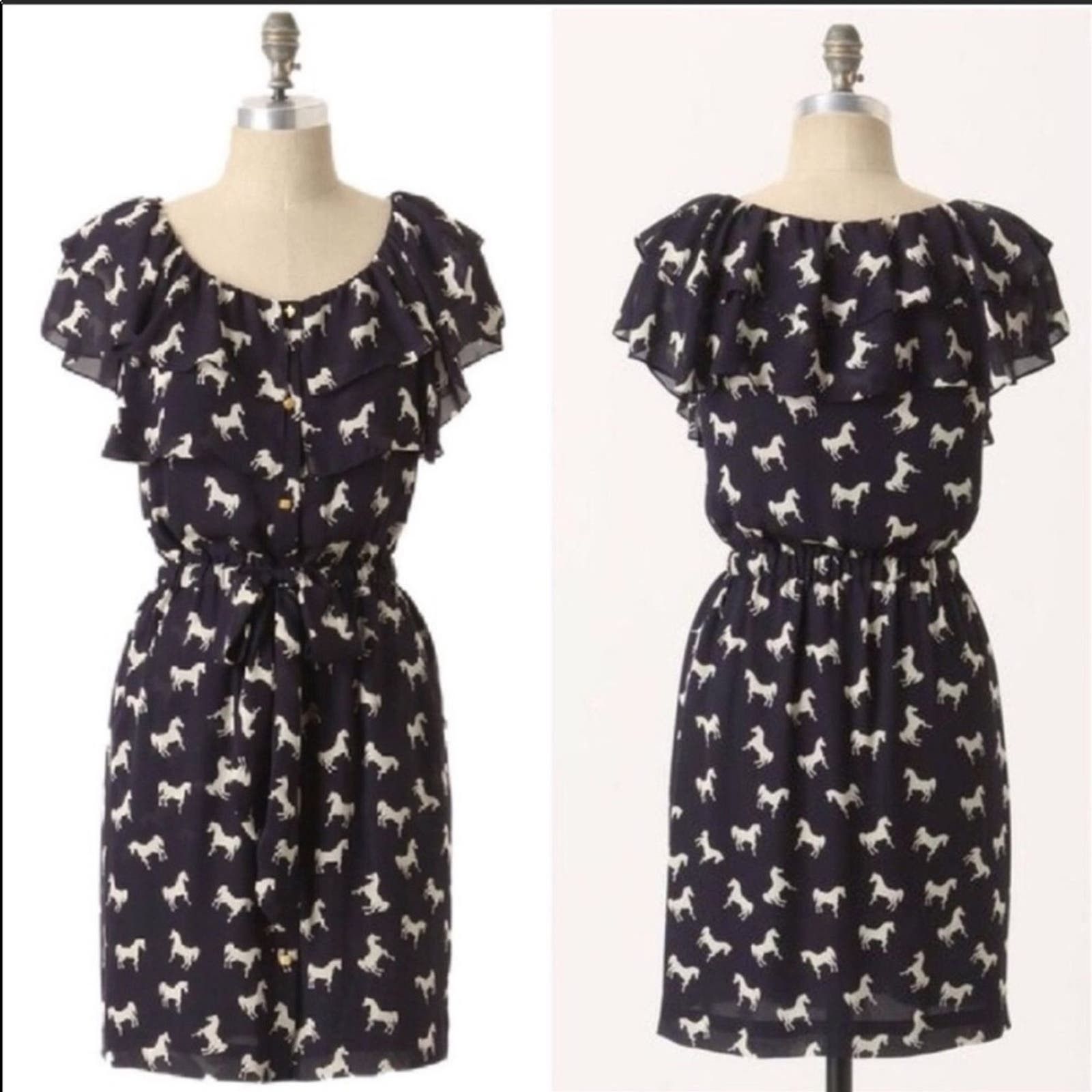 image of Anthropologie Leifsdottir Horse Navy White Ruffle Dress 4 in Blue, Women's (Size Small)