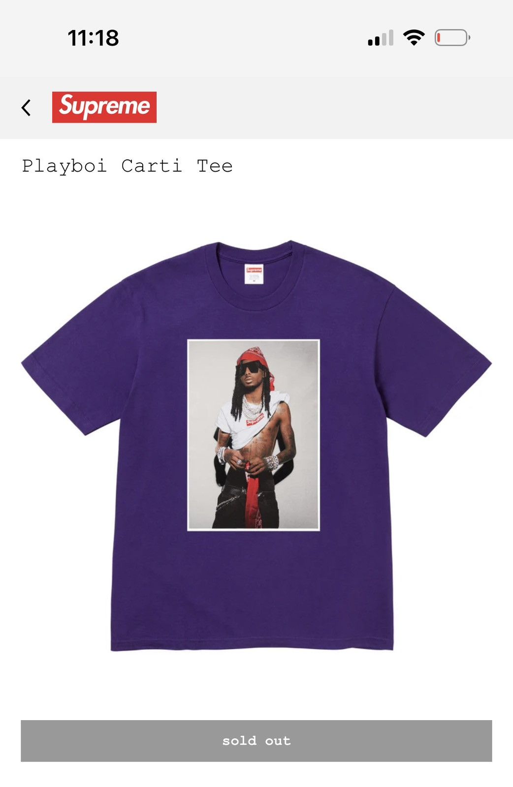 Supreme Playboi Carti x Supreme T-Shirt Purple Tee Small
