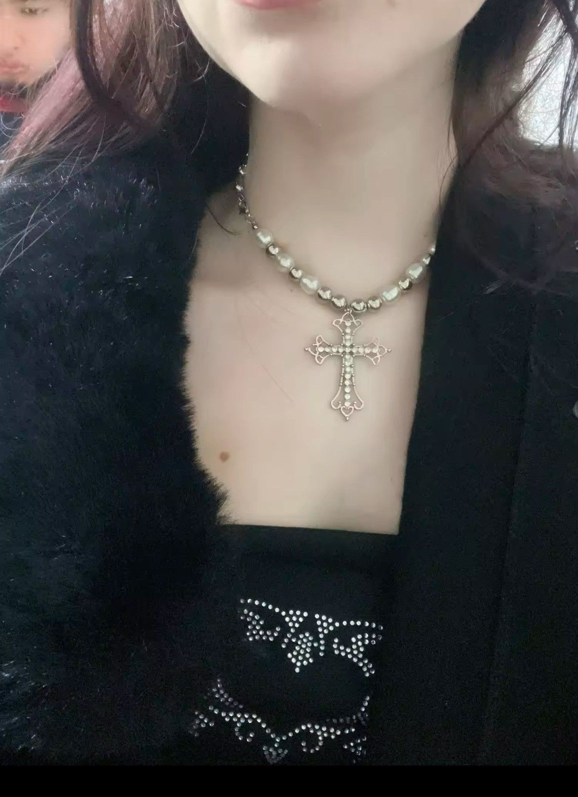 Jewelry vintage style silver rhinestone cross pearl necklace Size ONE SIZE - 6 Thumbnail