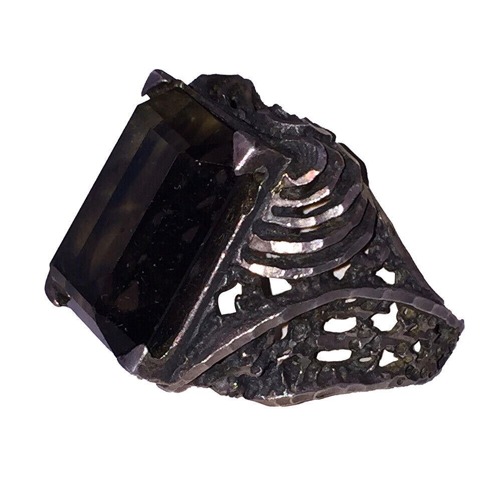 Designer Sterling Silver Emerald Cut Smoky Topaz Quartz Cocktail Ring Size ONE SIZE - 2 Thumbnail