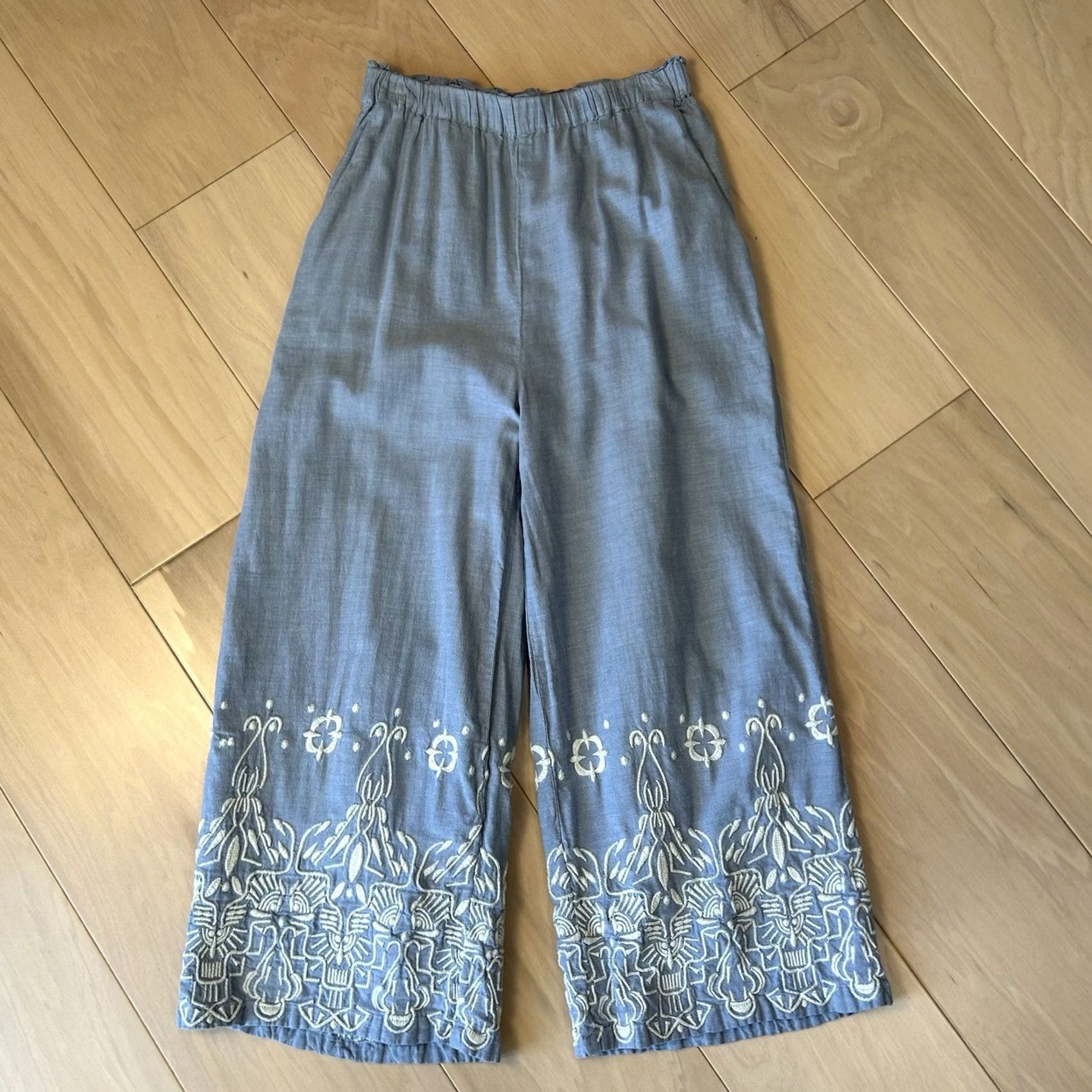 Vintage OYsho Otho Wide Leg Cropped Pant Embroidered Women’s S Blue Knit Cotton High Rise High-Woot? Size 28" / US 6 / IT 42 - 2 Thumbnail