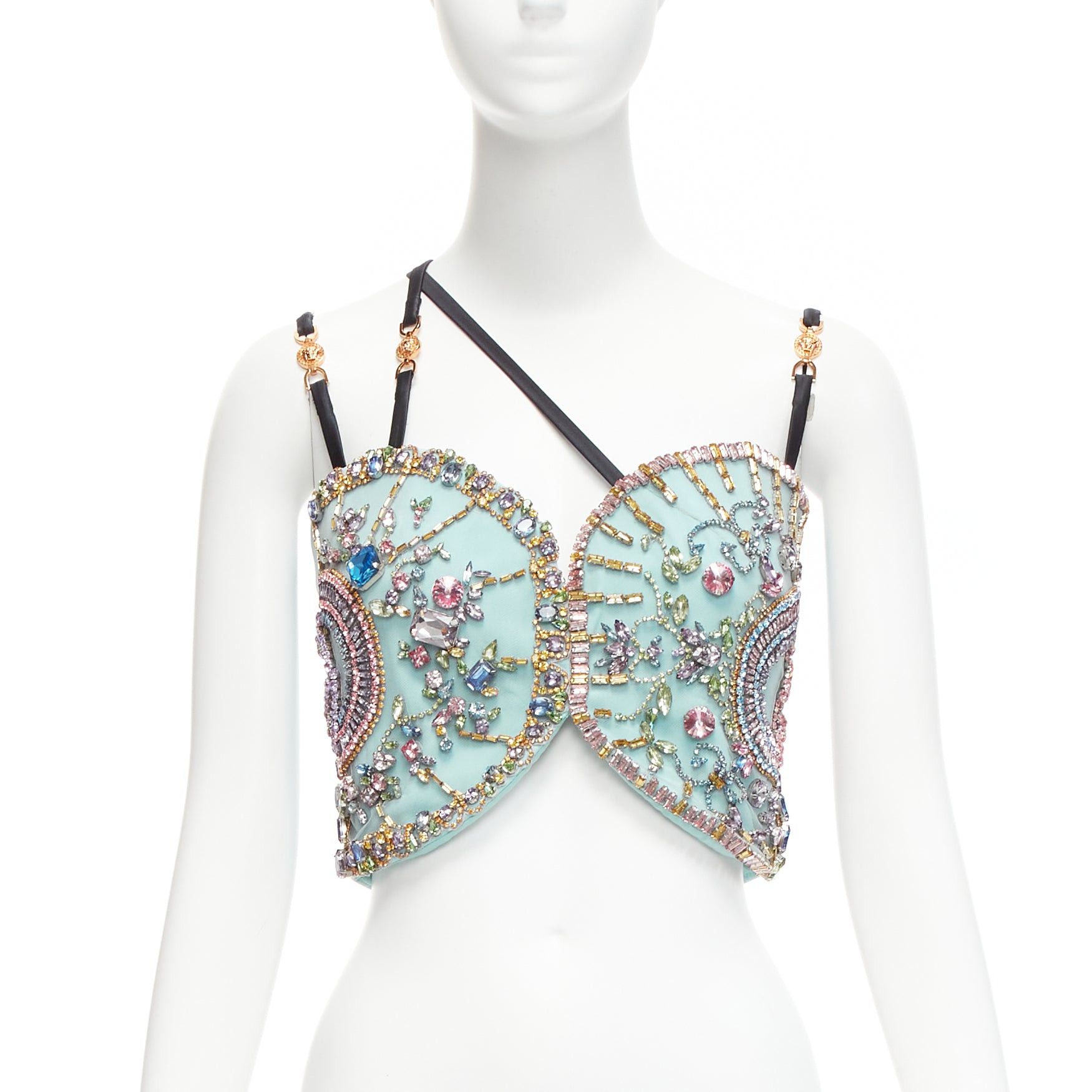 image of Versace Runway Blue Silk Crystal Rhinestone Embellished Fan Bondage Top It40 S, Women's (Size Small