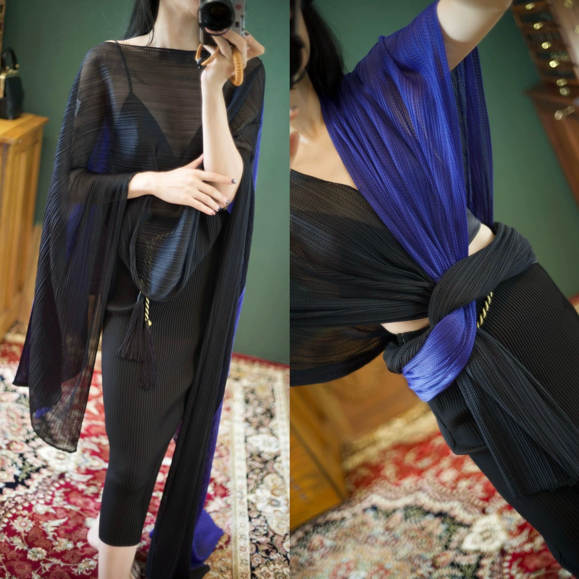 Issey Miyake Issey Miyake PP Black Purple Colorblock Multi-Way Scarf Size ONE SIZE - 4 Thumbnail