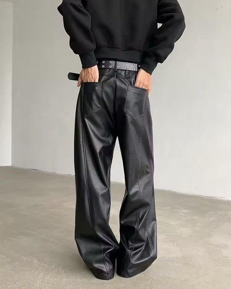 Japanese Brand Streetwear Casual Pu Leather Straight Wide Leg Trousers Size US 33 - 3 Thumbnail