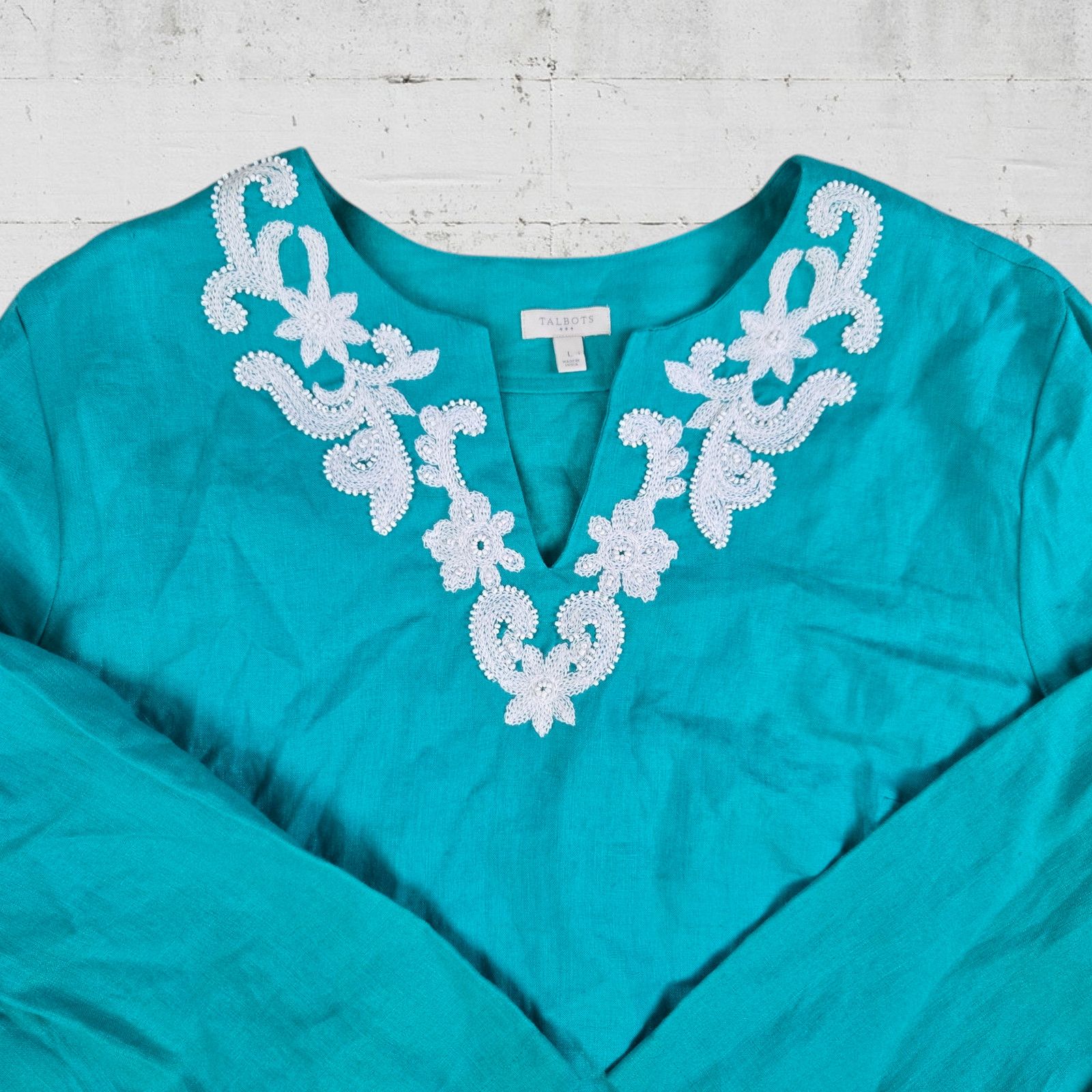 Other Talbots Teal Embroidered Linen Blouse Size Large Size L / US 10 / IT 46 - 3 Thumbnail