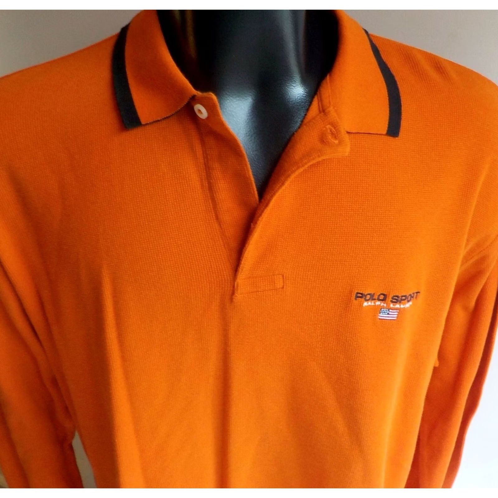 Vintage Polo Sport LS Polo/Rugby Shirt Orange XL Men's Polo Sport Embroidered Spellout Left Breast with Flag 100% Cotton Size US XL / EU 56 / 4 - 2 Thumbnail