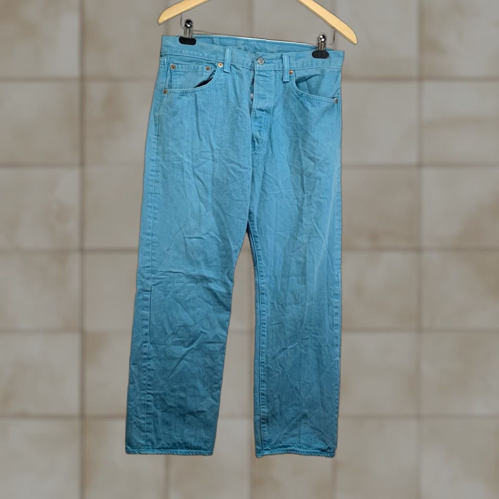 Levi's VINTAGE Levi's 501 Jeans Mens Washed Turquoise Button Fly Straight Leg 34x30 Lightweight Retro 80s 90s Size US 34 / EU 50 - 1 Thumbnail