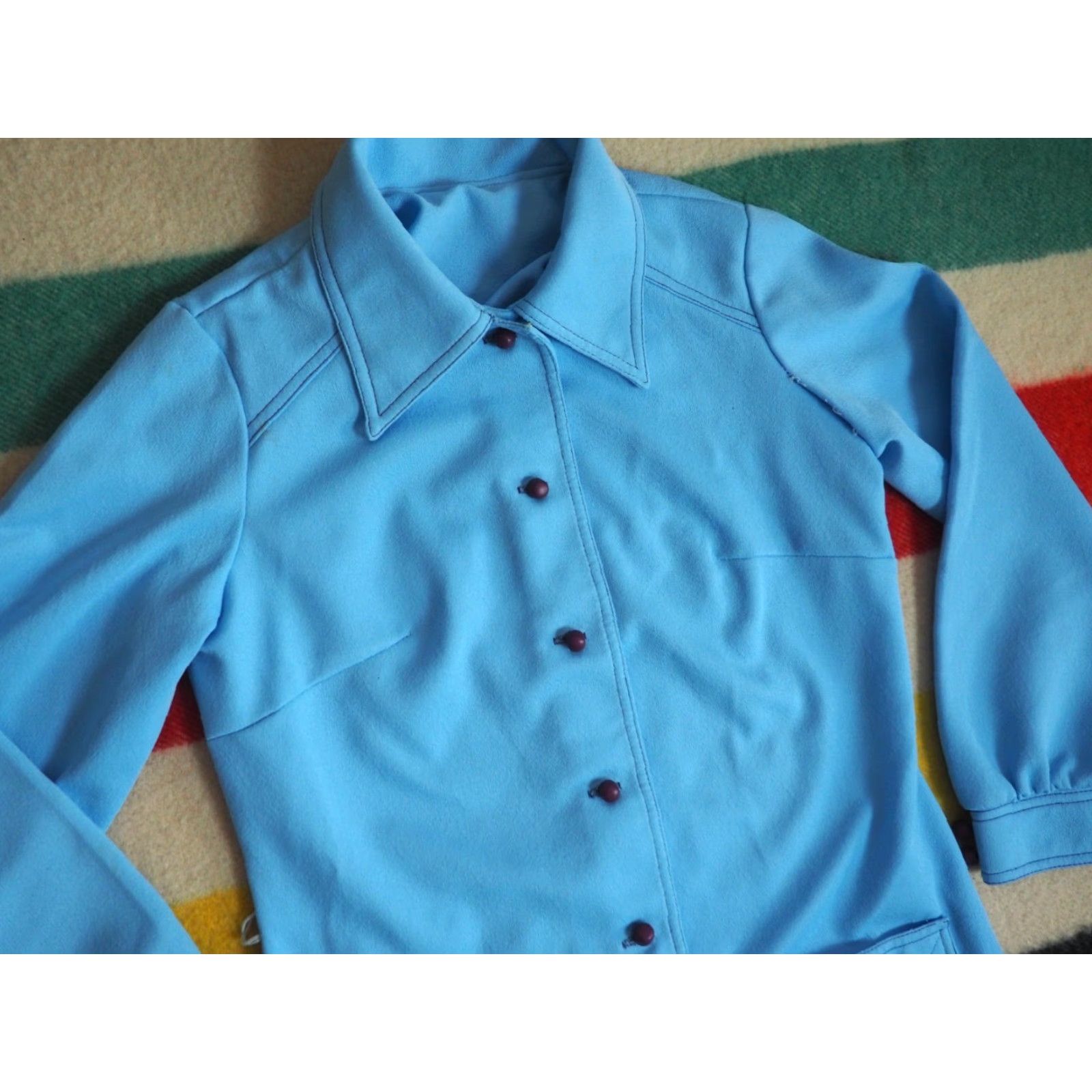 Vintage VINTAGE Ni Tod 70s Sky Blue Button Jacket Womens M Poly Jacket Boho Hippy Disco 1970s Blue Mens/Womens (adjusted) Size M / US 6-8 / IT 42-44 - 2 Thumbnail