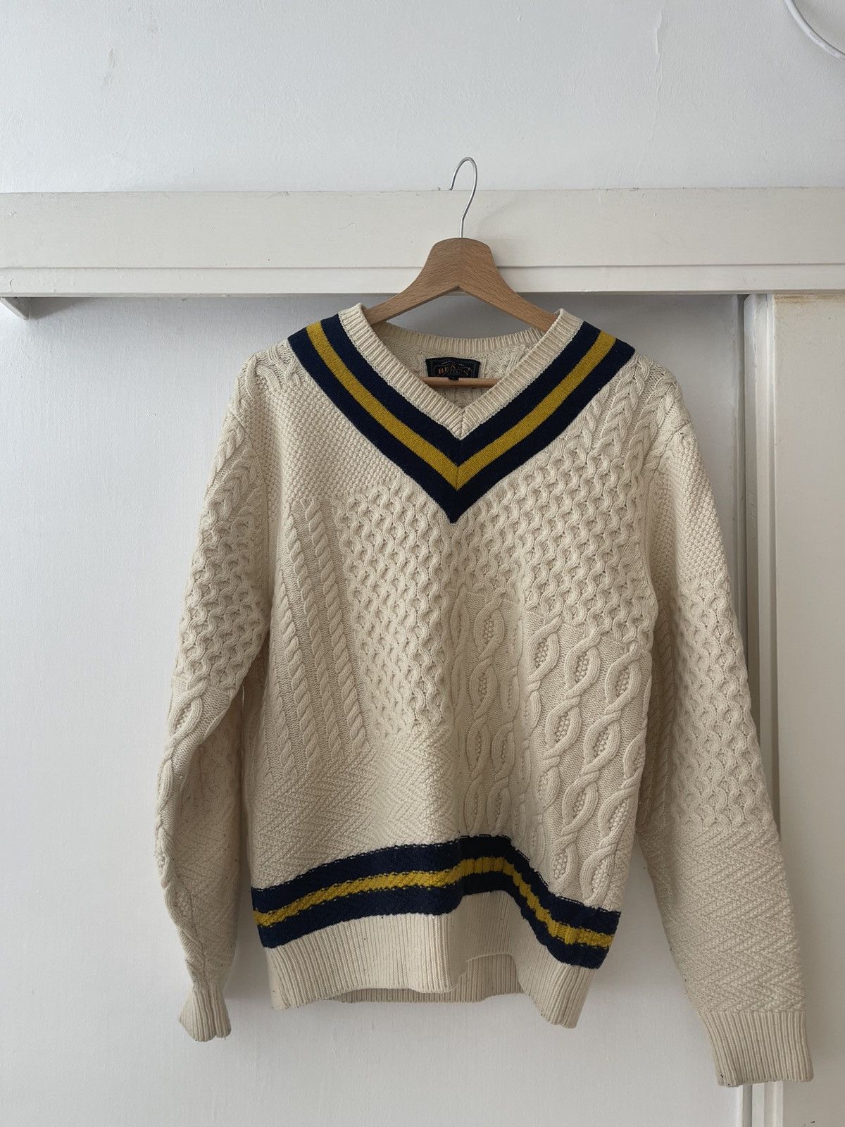 image of Beams Plus Cricket V Neck Knit Sweater in Beige, Men's (Size Small)