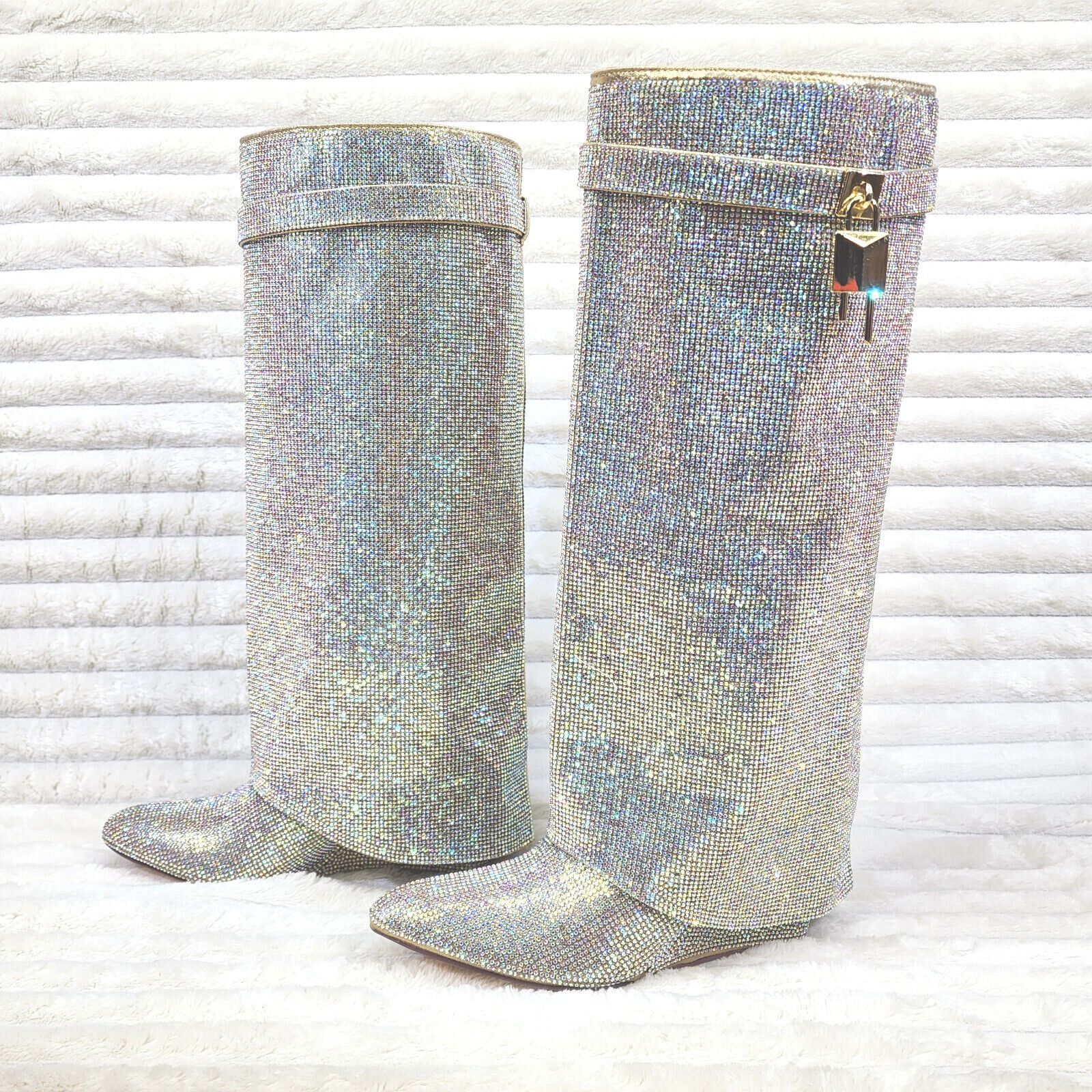 Other Super Sparkle Sharky Skirted Fold Over Wedge Heel Knee Boots Size US 7 / IT 37 - 3 Thumbnail
