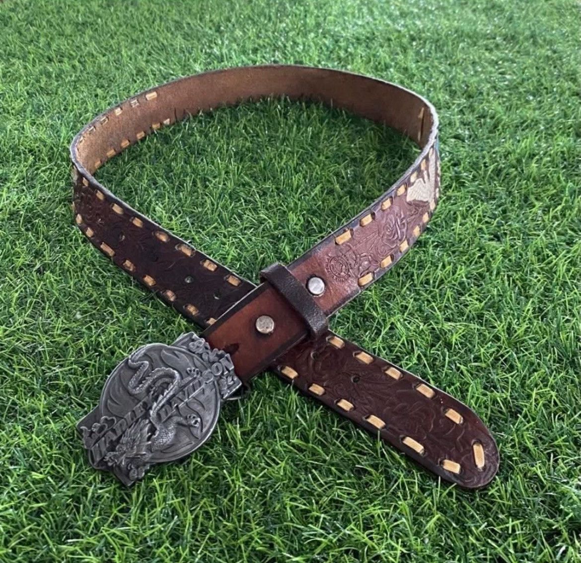 Harley Davidson × Vintage Vintage Harley Davidson Dragon ©️89 Brass Buckle Belt Made in USA Size 36 - 6 Thumbnail
