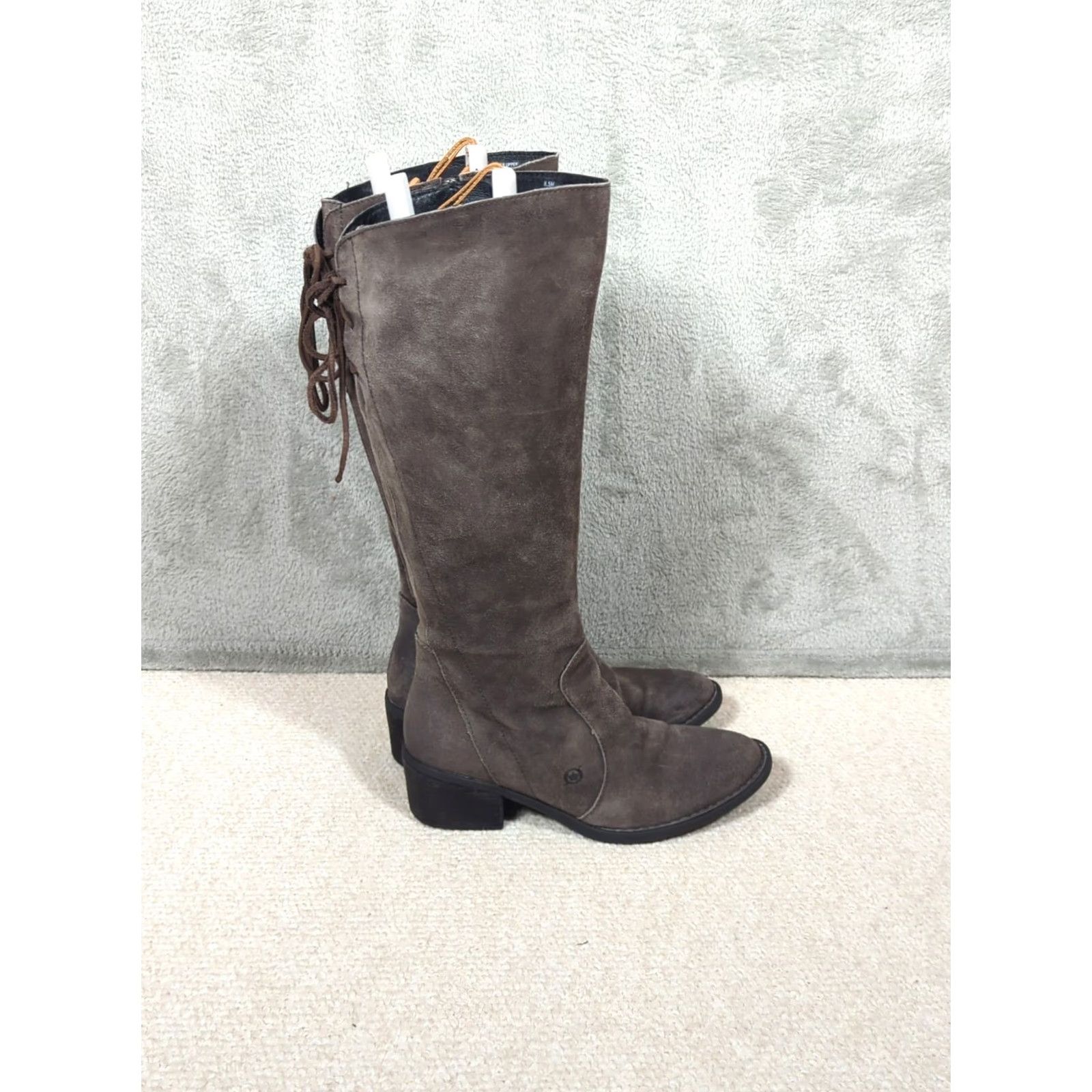 Born Born Felicia Gray Brown Suede Zip Up Knee High Boots Lace Back Women's 8.5 Size US 9 / IT 39 - 2 Thumbnail