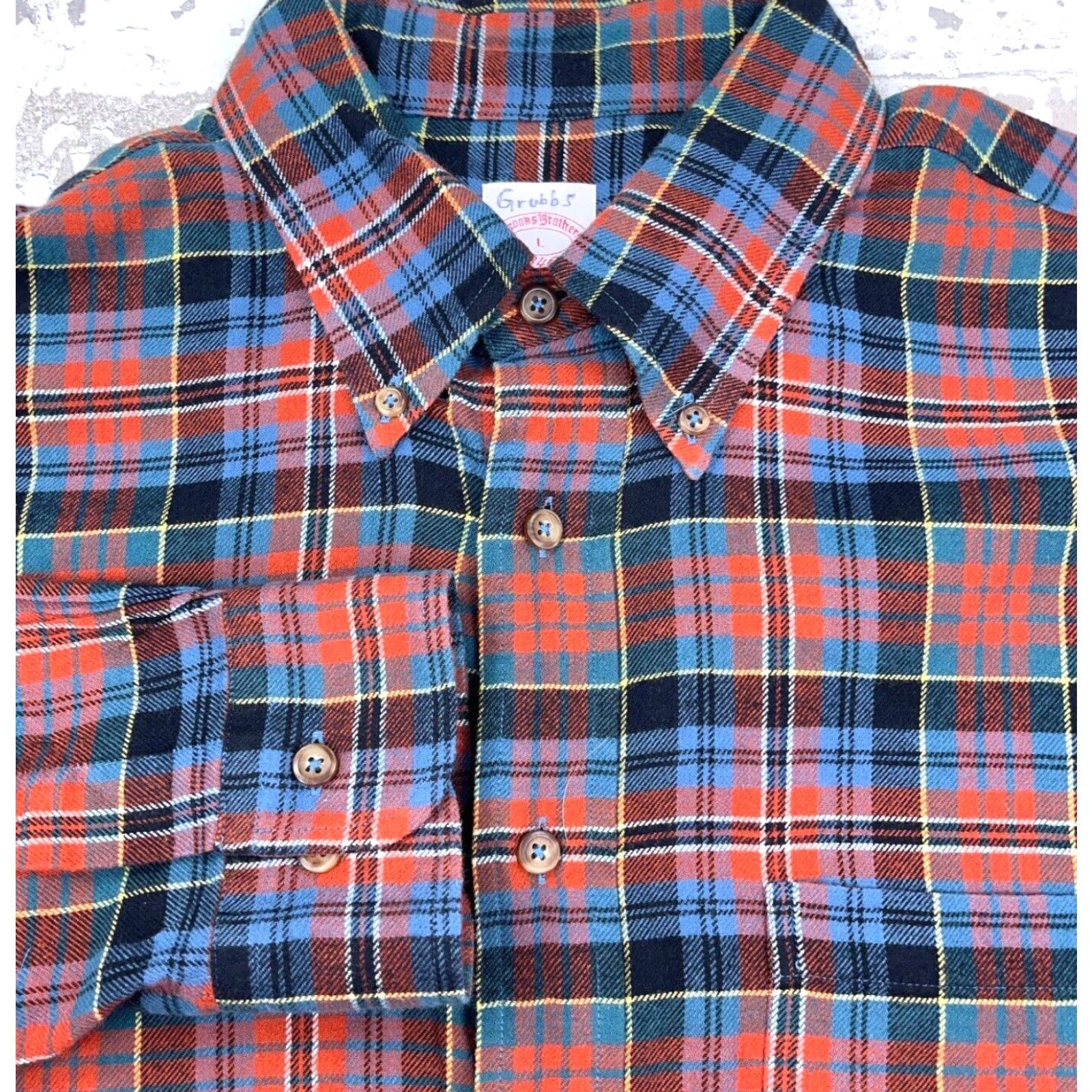 Brooks Brothers Brooks Brothers Shirt Men Large Orange Blue Flannel Button Up Plaid 346 Dress Size 42R - 2 Thumbnail