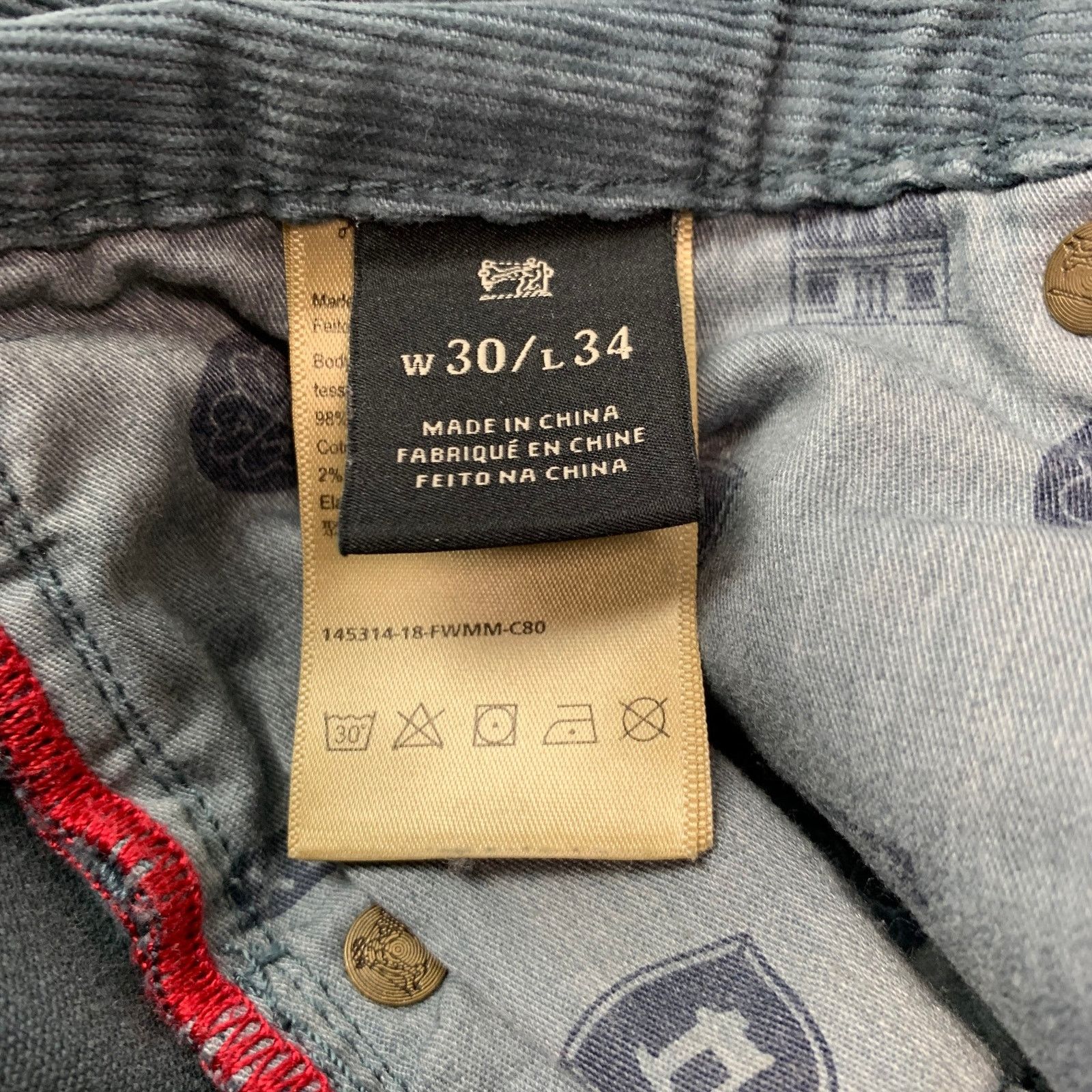 Size 30 Blue Corduroy Cotton Elastane Narrow Casual Pants