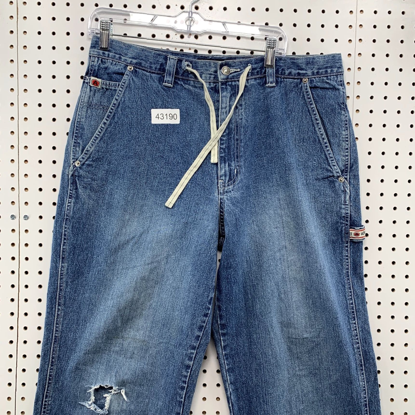 Vintage VINTAGE Aeropostale Baggy Wide Leg Denim Jeans Men M Drawstring 35x30.5 Blue Cotton Denim 5-Pocket Design Inseam 31 Straight Winter Fall Spring Mens Size US 31 - 3 Thumbnail