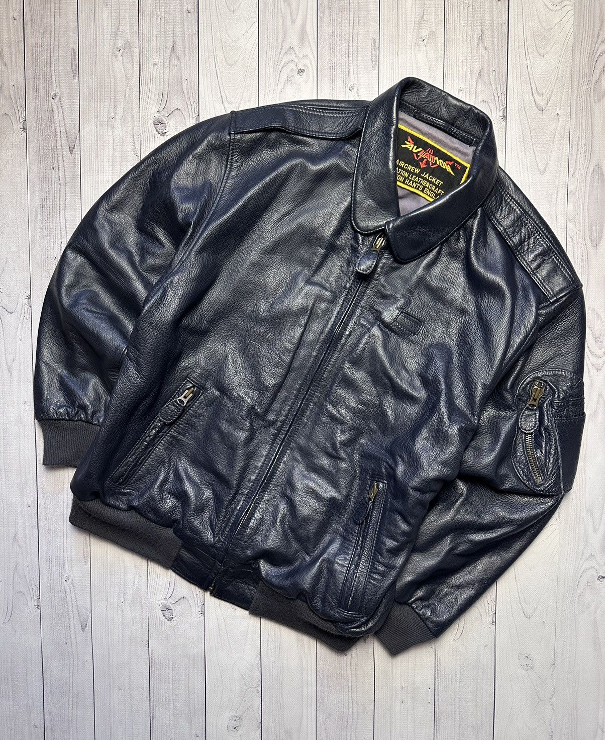 image of Aviator Nation x Leather Jacket Vintage Aviation Leather Jacket Aircrew England Size L in Navy