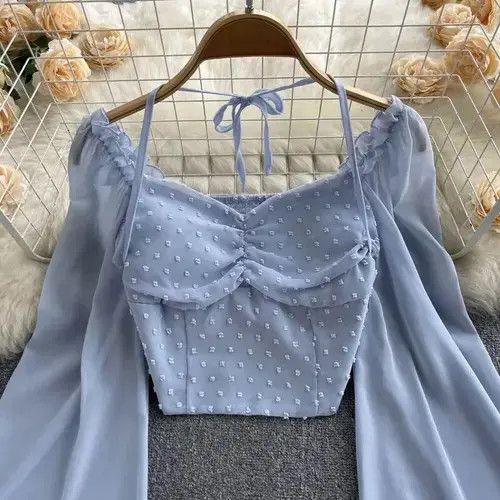 Japanese Brand SINGREINY Polka Dot Folds Short Blouse Summer Size ONE SIZE - 5 Thumbnail