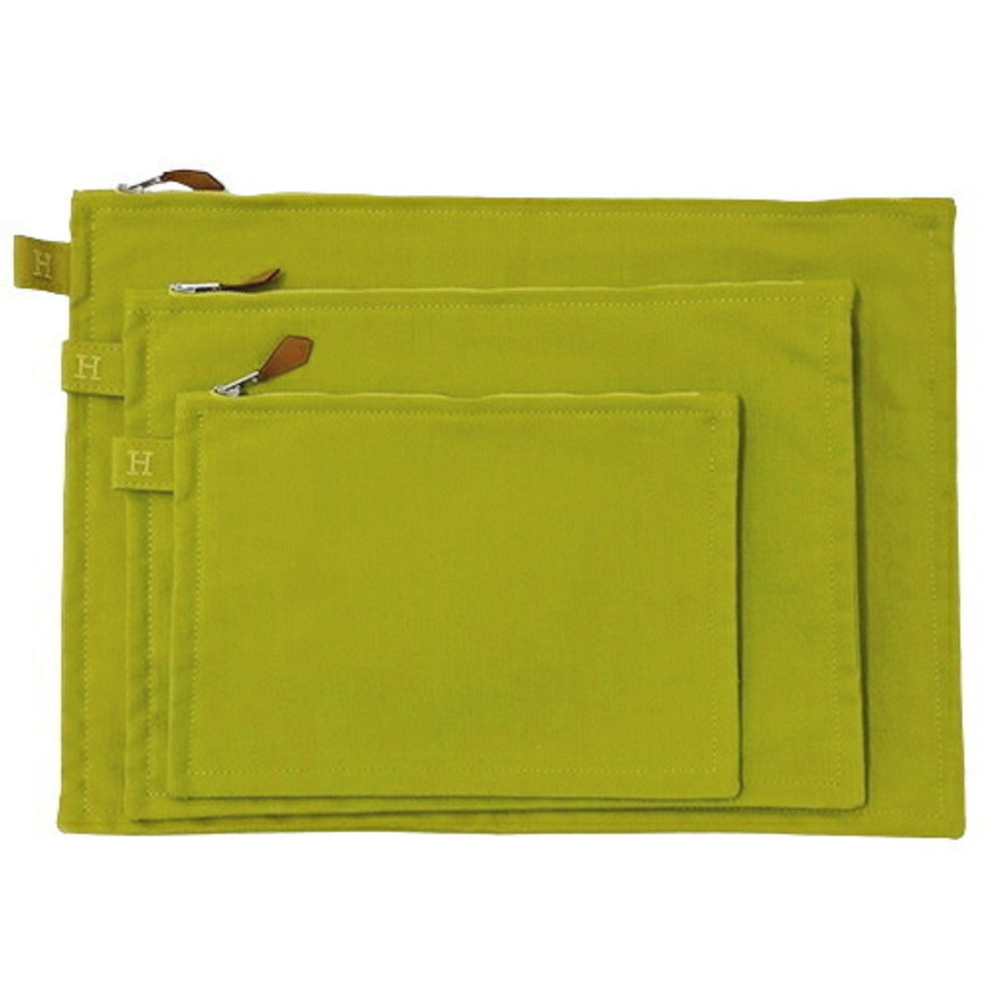 image of Hermes Pouch Women's Men's Bora Cotton Canvas Light Green Yellow 3 Piece Set Multi Case