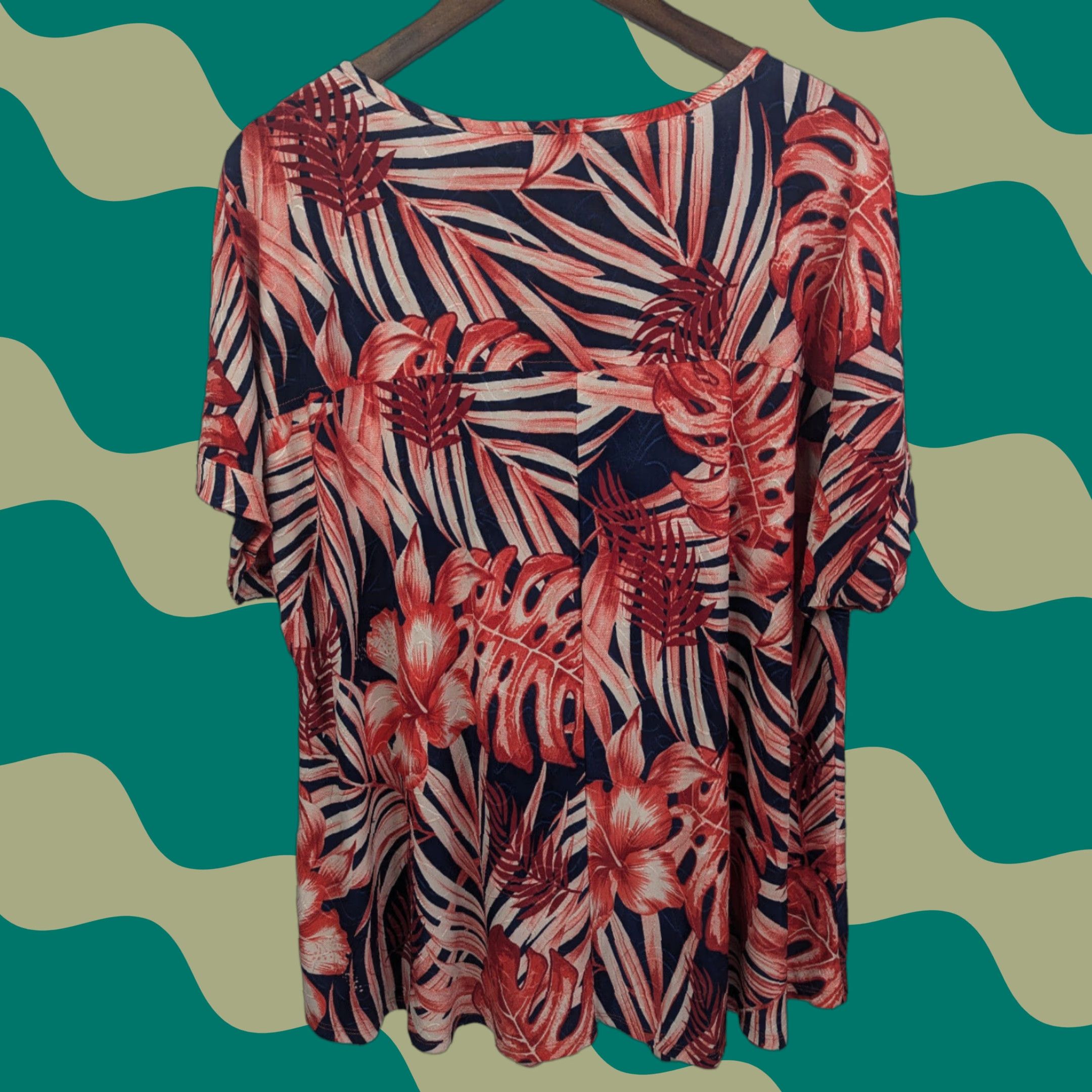 Vintage Cocomo Woman 2X Floral Leaf Short Sleeve Pintuck Button Top V-Neck Henley Shirt Womens Plus Size 2X Red Caplette Concept Size XXL / US 16-18 / IT 52-54 - 1 Thumbnail