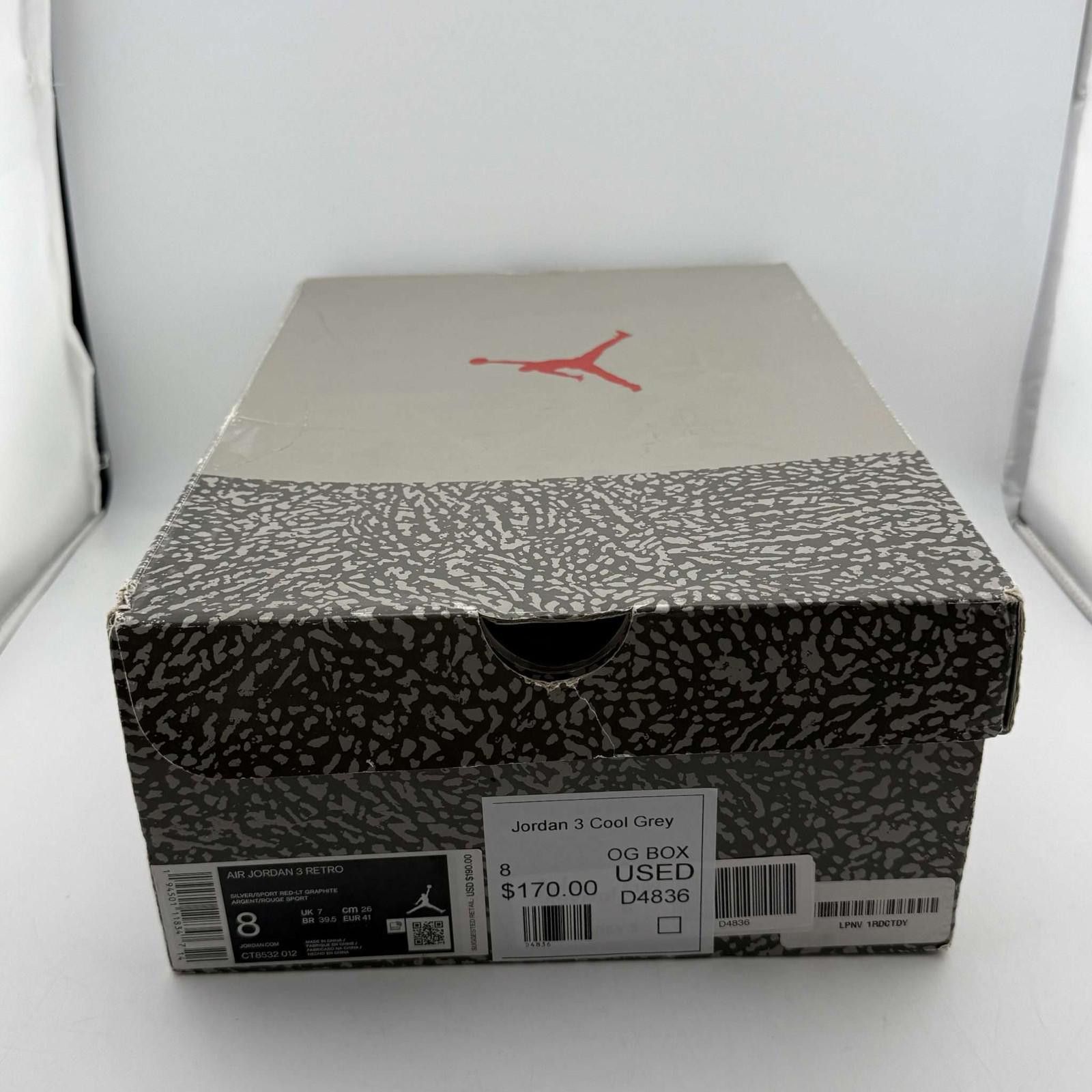 Jordan Brand Air Jordan 3 Retro Cool Grey 8 Used with Box D4836 Size US 8 / EU 41 - 7 Thumbnail