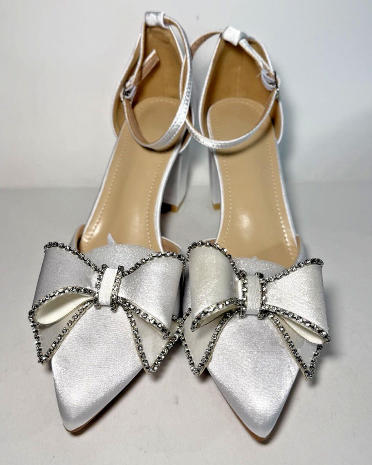 Shein Pointed Toe Heel Ankle Strap Wedge Heel Crystal Bow White Size US 10 / IT 40 - 1 Thumbnail
