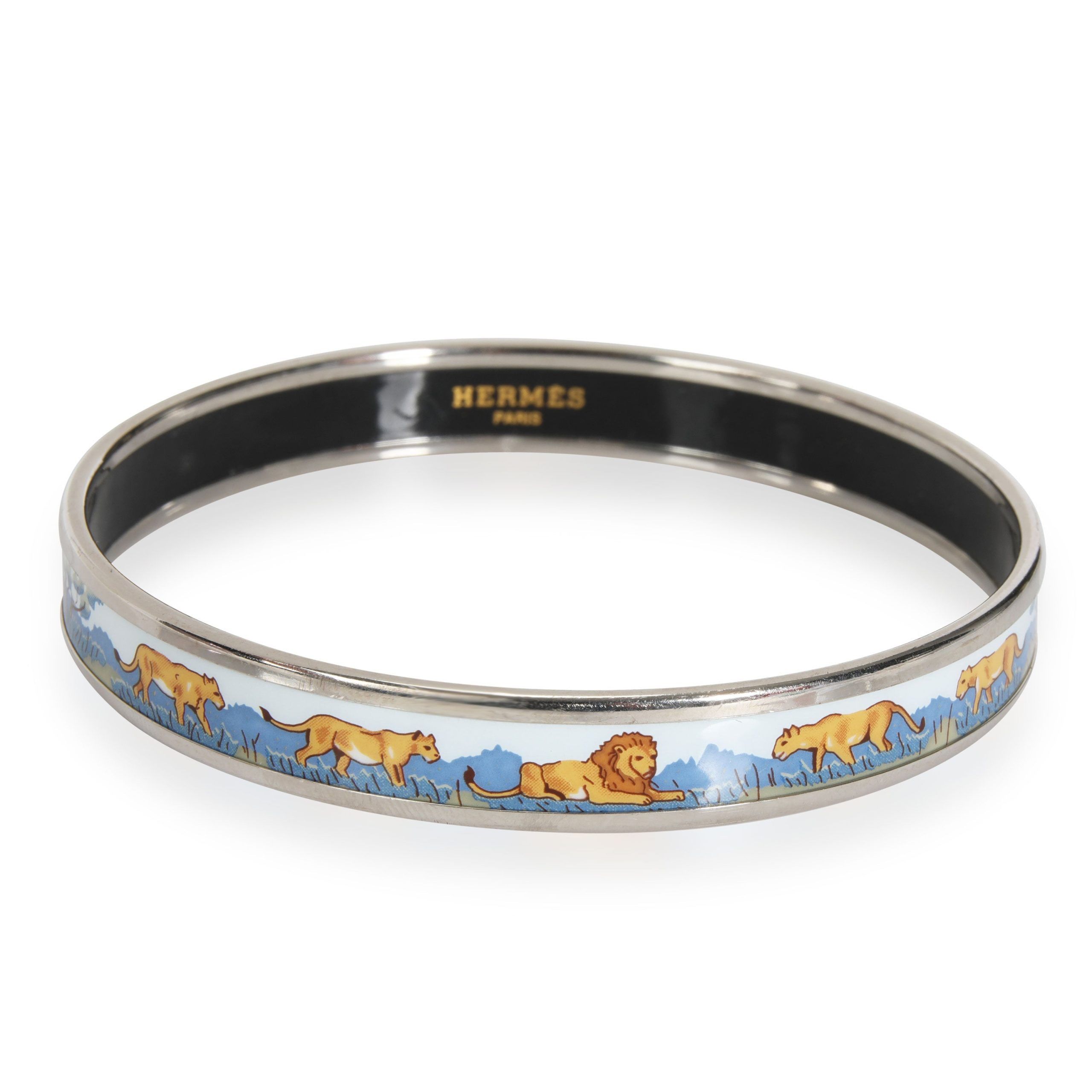 image of Hermes Blue Savannah & Lion Wide Gold Plated Bangle in Yellow, Women's