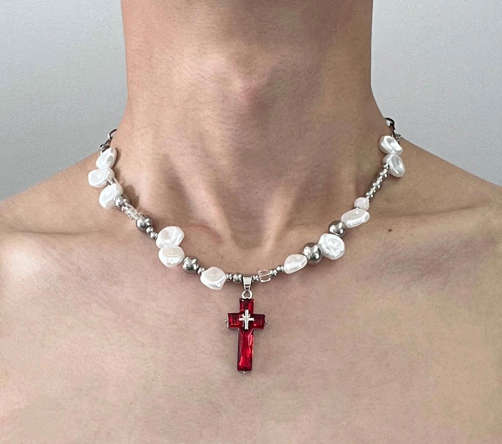 Jewelry Red Cross Pearl Necklace Size ONE SIZE - 3 Thumbnail