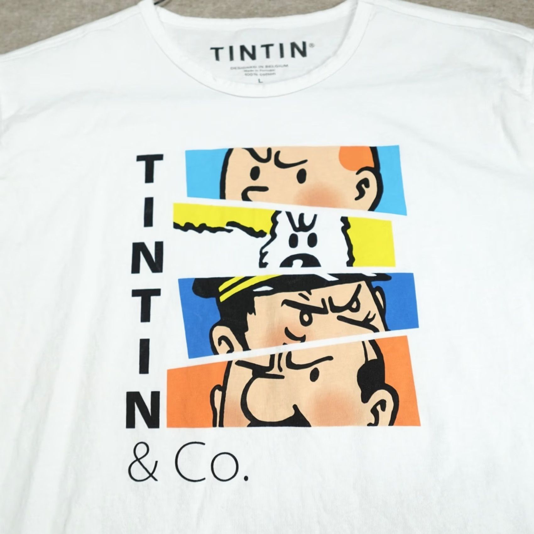 Vintage Tintin Shirt Large White 100% Cotton Made in Portugal Graphic Print Crew Neck Short Sleeve Unisex Adults T-Shirt (2020-2029) Portugal Linen? Size US L / EU 52-54 / 3 - 2 Thumbnail