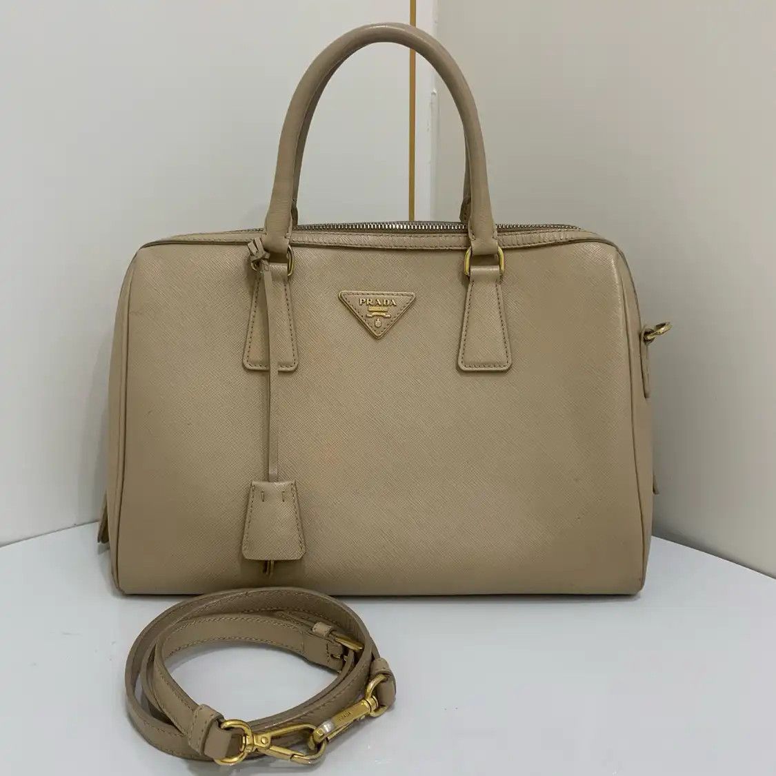 Prada PRADA Bauletto khaki cowhide leather logo cross pattern handbag Size ONE SIZE - 1 Thumbnail