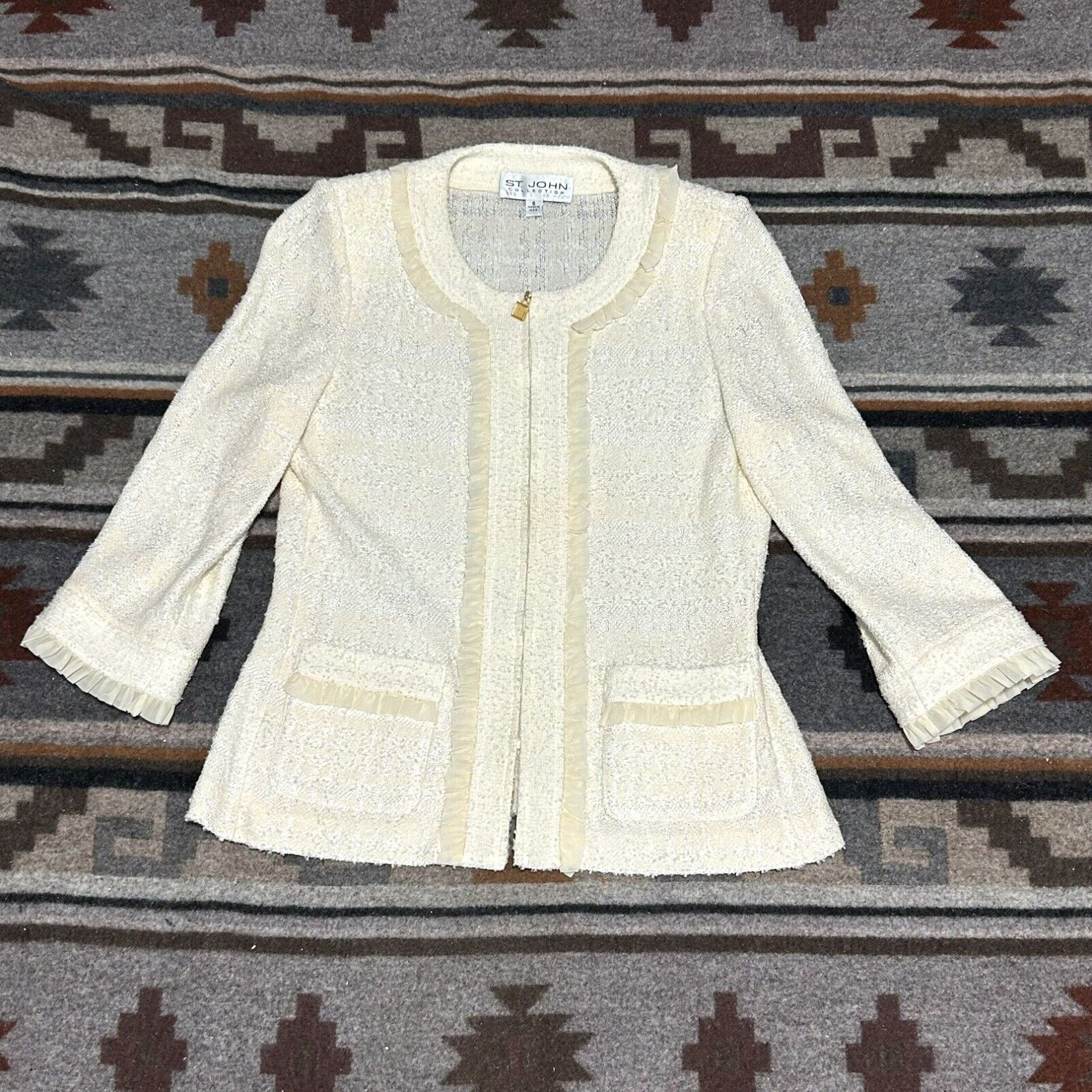 image of St John Collection Full Zip Cardigan White Wool Blend Knit Women’S Size 6 Euc E1, Women's