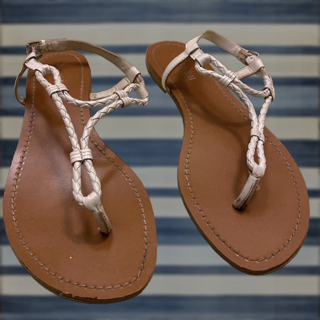 Lauren Ralph Laurent Womens White Braided Leather Flip Flops Size 9B - Casual Thong Sandals