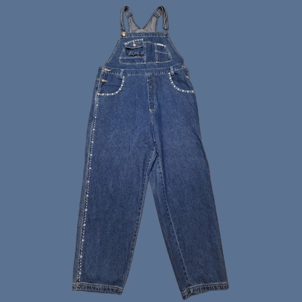 Denime VINTAGE Revolt Denim Overalls One-Piece Women 18 Blue 90s Floral Striped Sleeveless Workwear Size 40" / US 18 - 1 Thumbnail