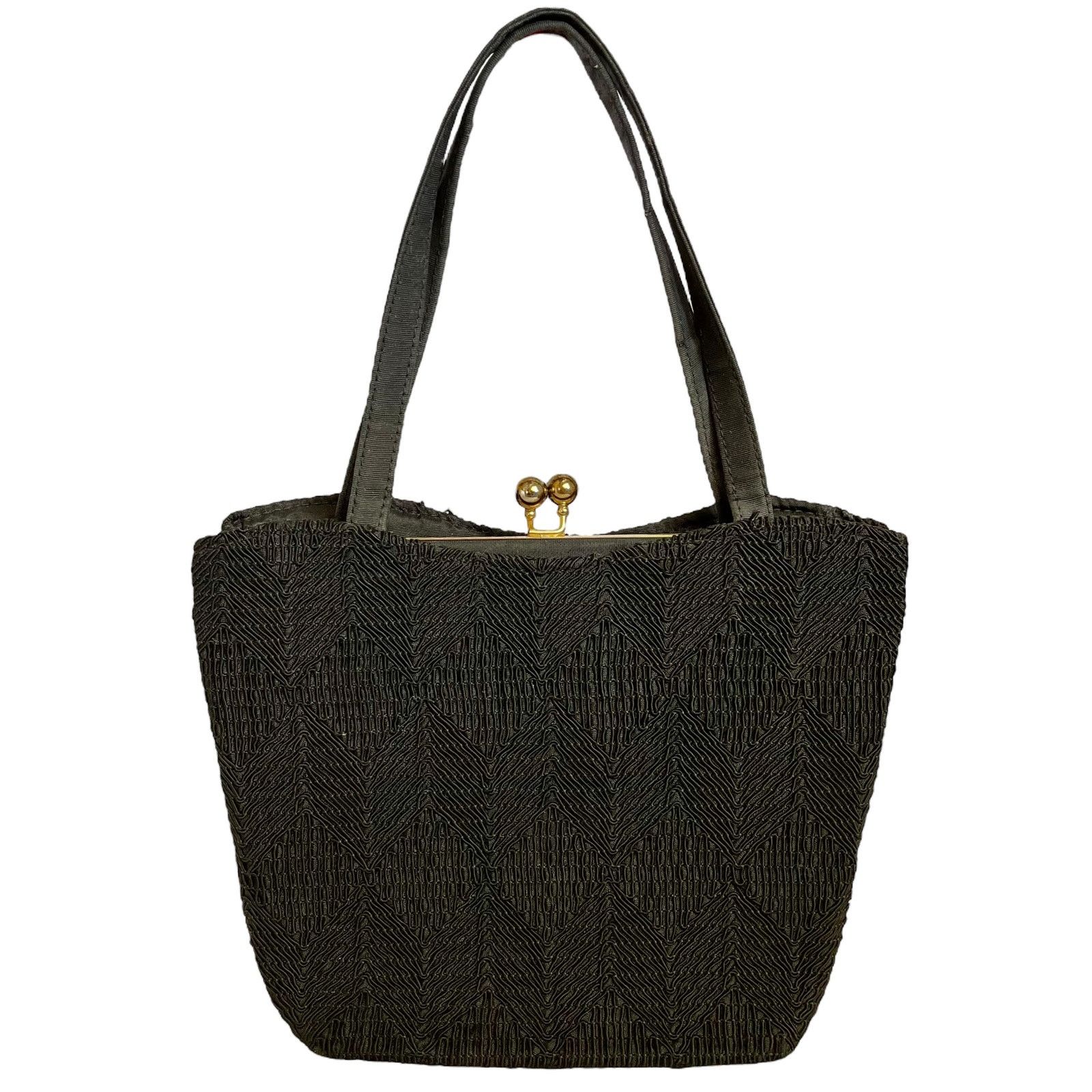 Vintage 1940s Corde Chevron Black Satchel Hinged Frame Purse Handbag Size ONE SIZE - 2 Thumbnail