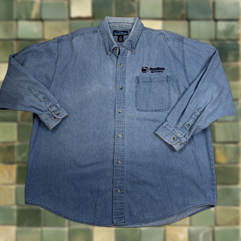 Penn VINTAGE? (No) Tri-Mountain Penn State Harrisburg Denim Button-Down Shirt 2XL Men Blue Long Sleeve Button-Up Shirt Size US XXL / EU 58 / 5 - 1 Thumbnail
