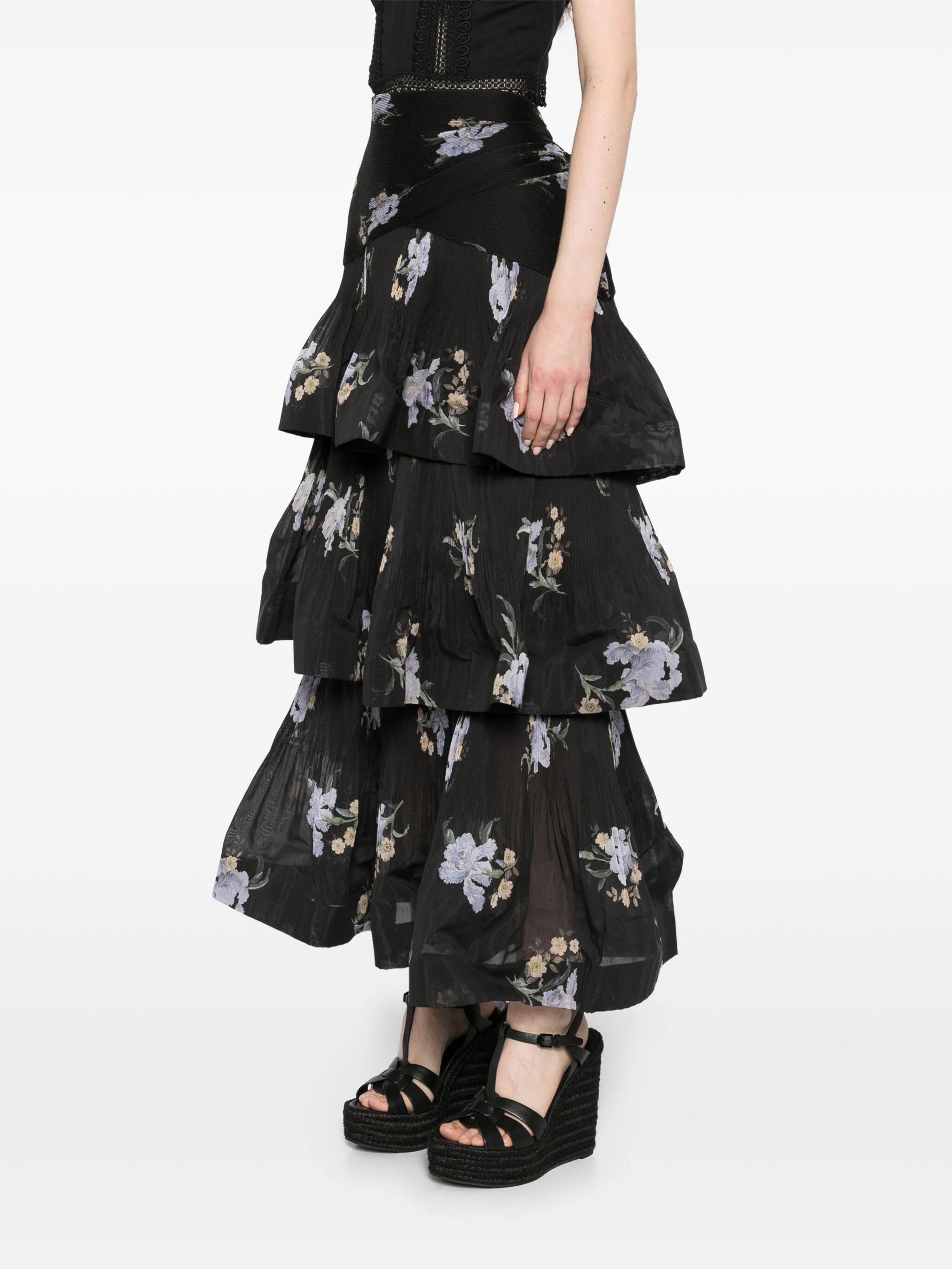 Zimmermann o1s22i1n1024 Floral Print Pleated Ruffle Skirt in Black Size 28" / US 6 / IT 42 - 3 Thumbnail