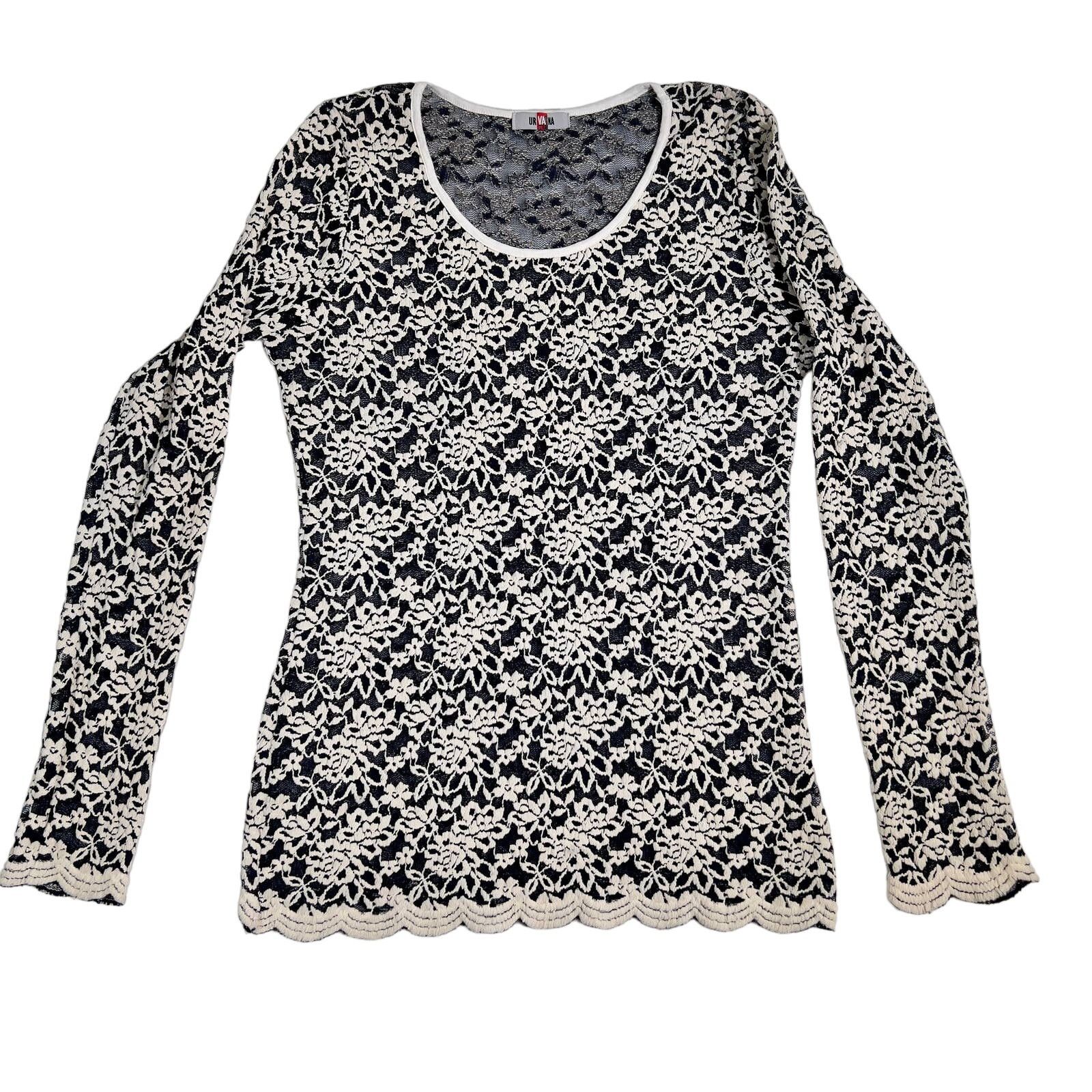 Other Urvana Blouse White Floral Black Lace Scalloped Hem Cuffs Size ONE SIZE - 1 Thumbnail