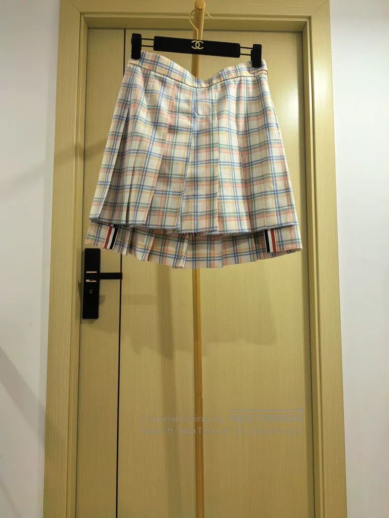 Thom Browne Thom Browne Gingham Wool Pleated Skirt, White Base with Bl Size 25" / US 0 / IT 36 - 1 Thumbnail